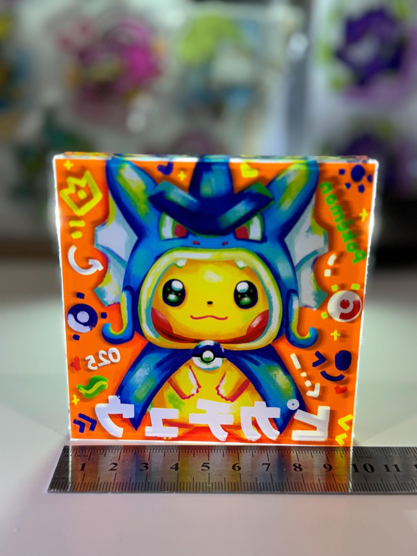 Poncho Pikachu CustomMade Pokemon Crystal Acrylic Block 10x10x1.5cm-Gift For him-Pokemon fan-Pokemon TCG PTCG-Pikachu Charizard Full Art