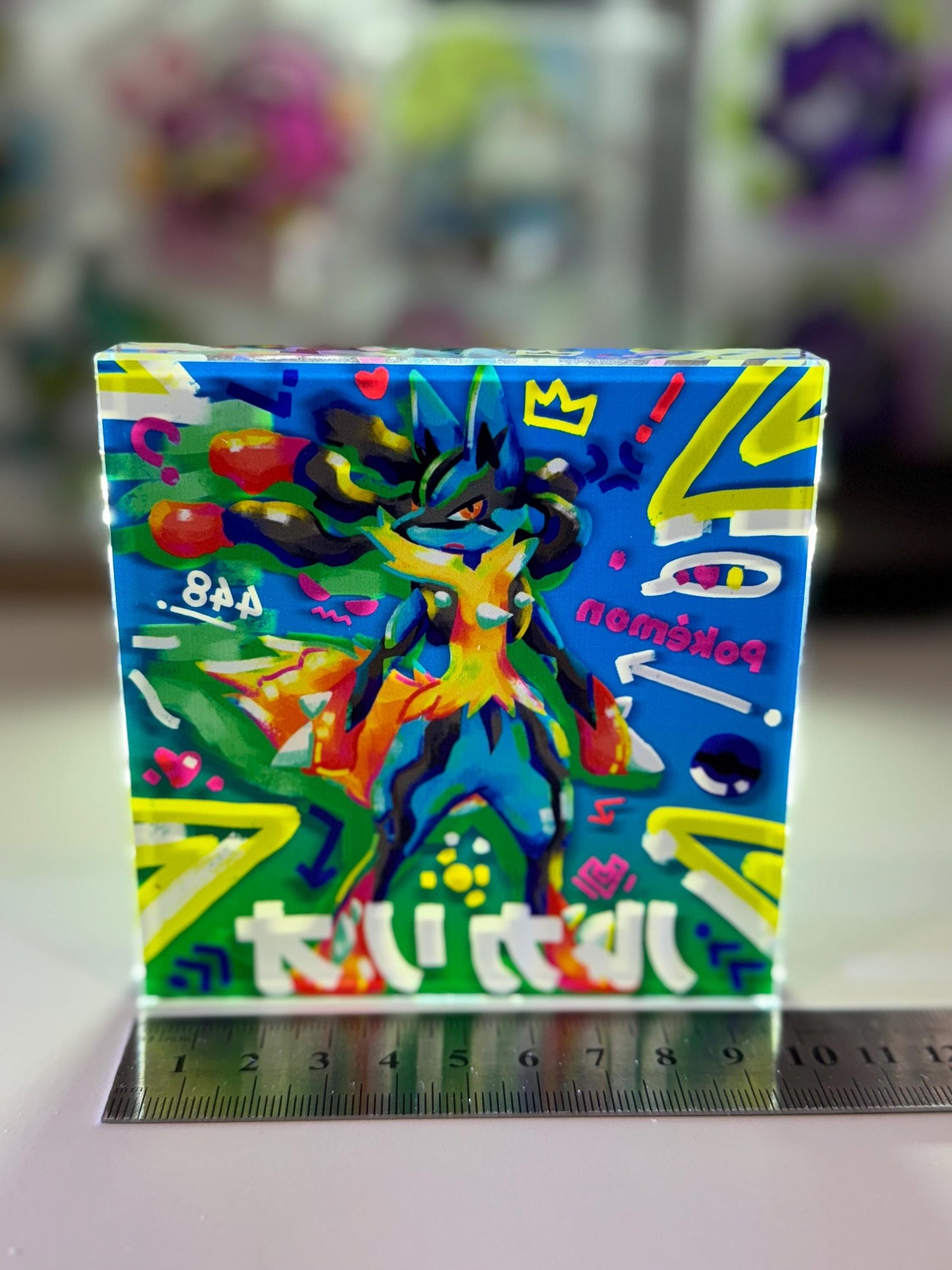 Lucario CustomMade Pokemon Crystal Acrylic Block 10x10x1.5cm-Gift For him-Pokemon fan-Pokemon TCG PTCG-Pikachu Charizard Full Art