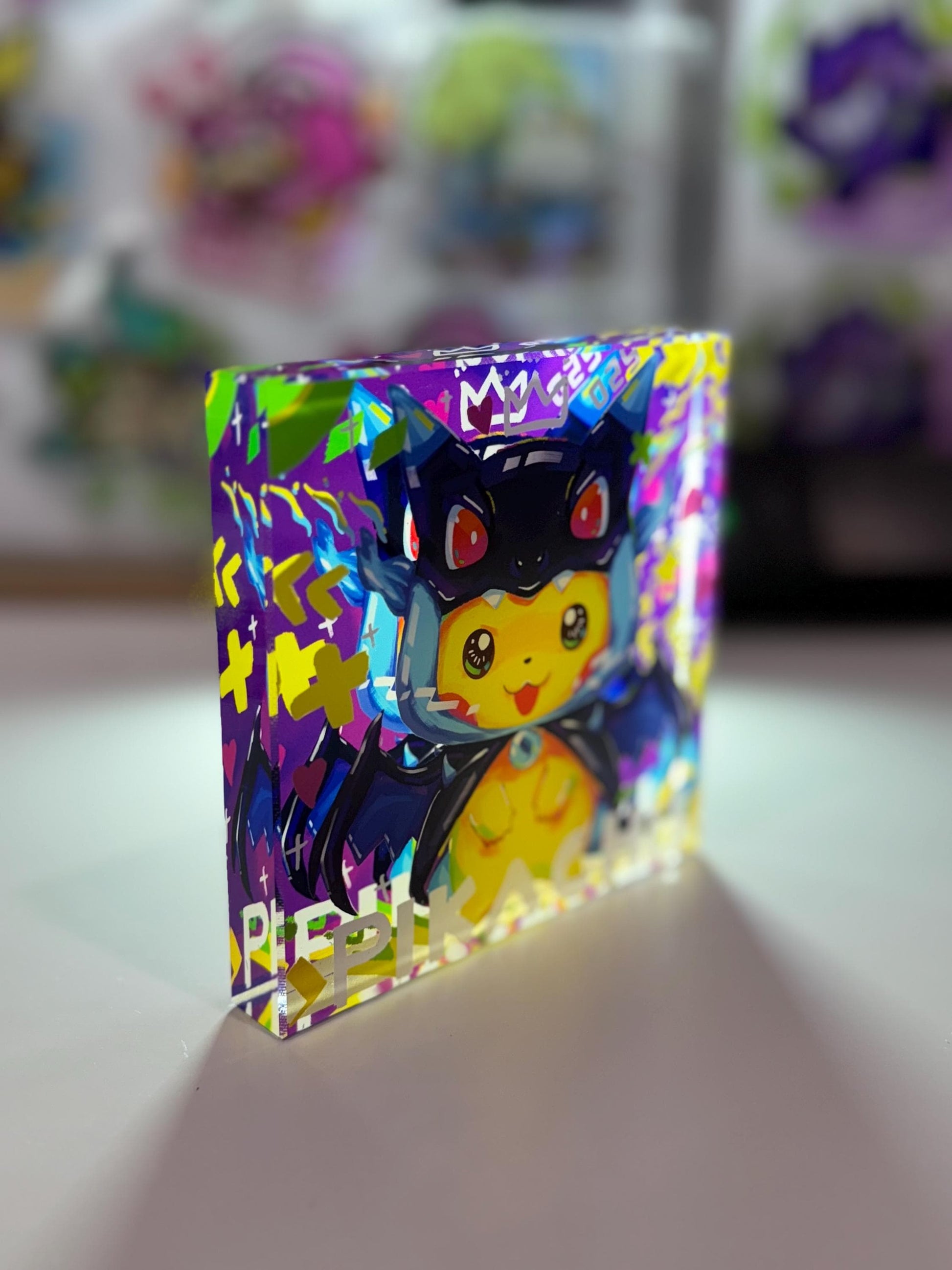 Poncho Pikachu CustomMade Pokemon Crystal Acrylic Block 10x10x1.5cm-Gift For him-Pokemon fan-Pokemon TCG PTCG-Pikachu Charizard Full Art