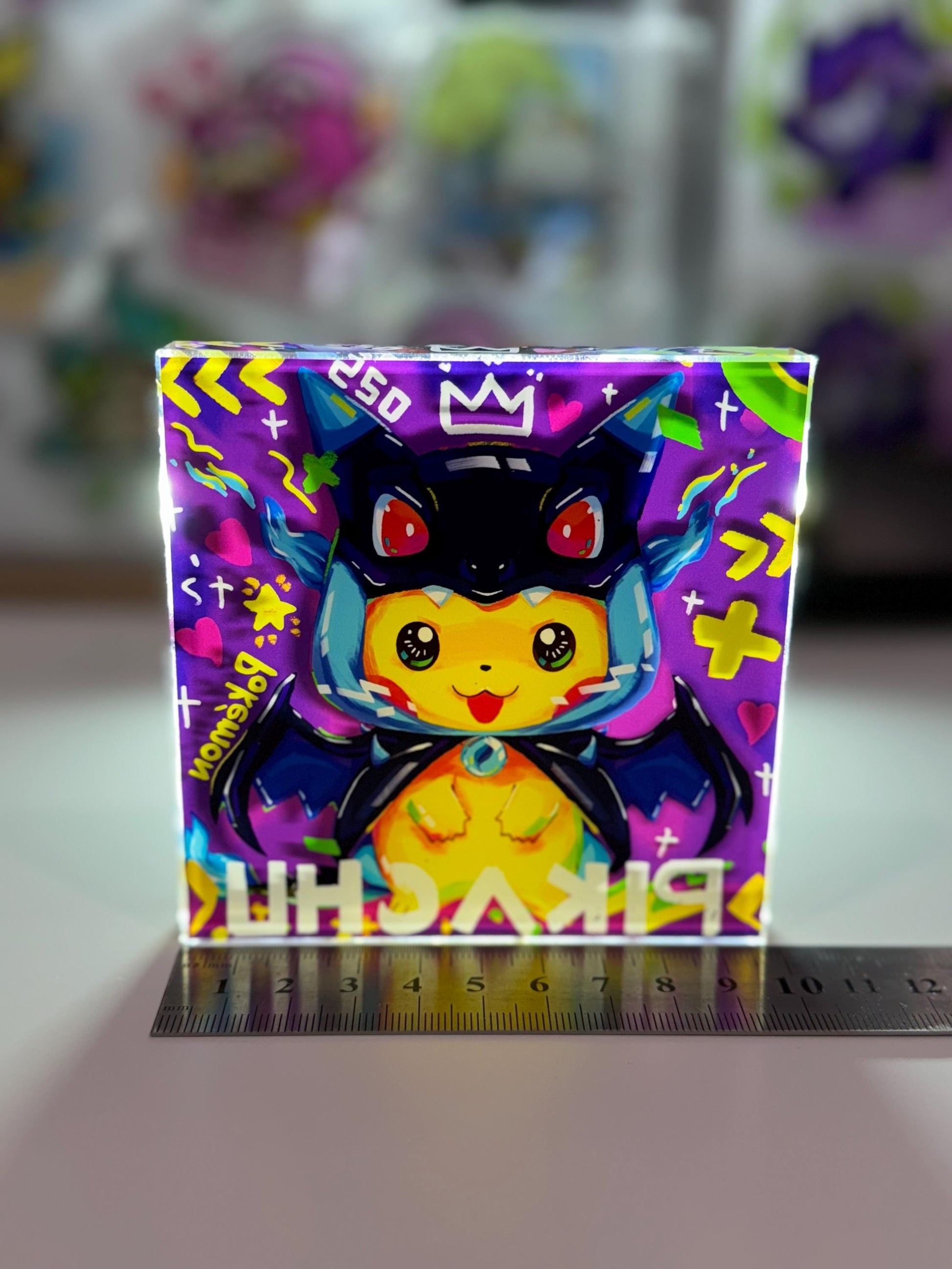 Poncho Pikachu CustomMade Pokemon Crystal Acrylic Block 10x10x1.5cm-Gift For him-Pokemon fan-Pokemon TCG PTCG-Pikachu Charizard Full Art