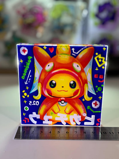 Poncho Pikachu CustomMade Pokemon Crystal Acrylic Block 10x10x1.5cm-Gift For him-Pokemon fan-Pokemon TCG PTCG-Pikachu Charizard Full Art