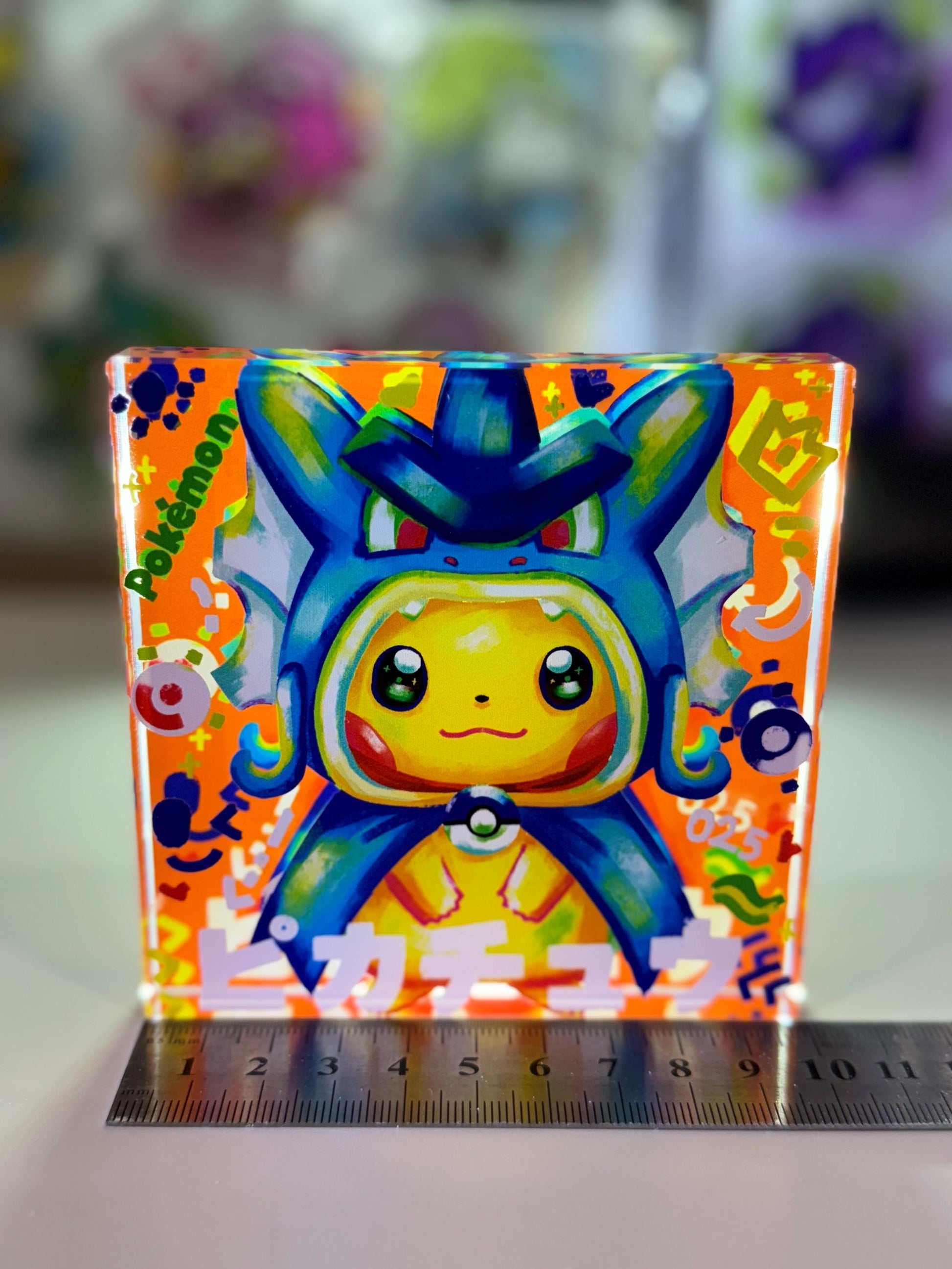 Poncho Pikachu CustomMade Pokemon Crystal Acrylic Block 10x10x1.5cm-Gift For him-Pokemon fan-Pokemon TCG PTCG-Pikachu Charizard Full Art