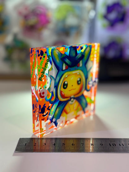 Poncho Pikachu CustomMade Pokemon Crystal Acrylic Block 10x10x1.5cm-Gift For him-Pokemon fan-Pokemon TCG PTCG-Pikachu Charizard Full Art