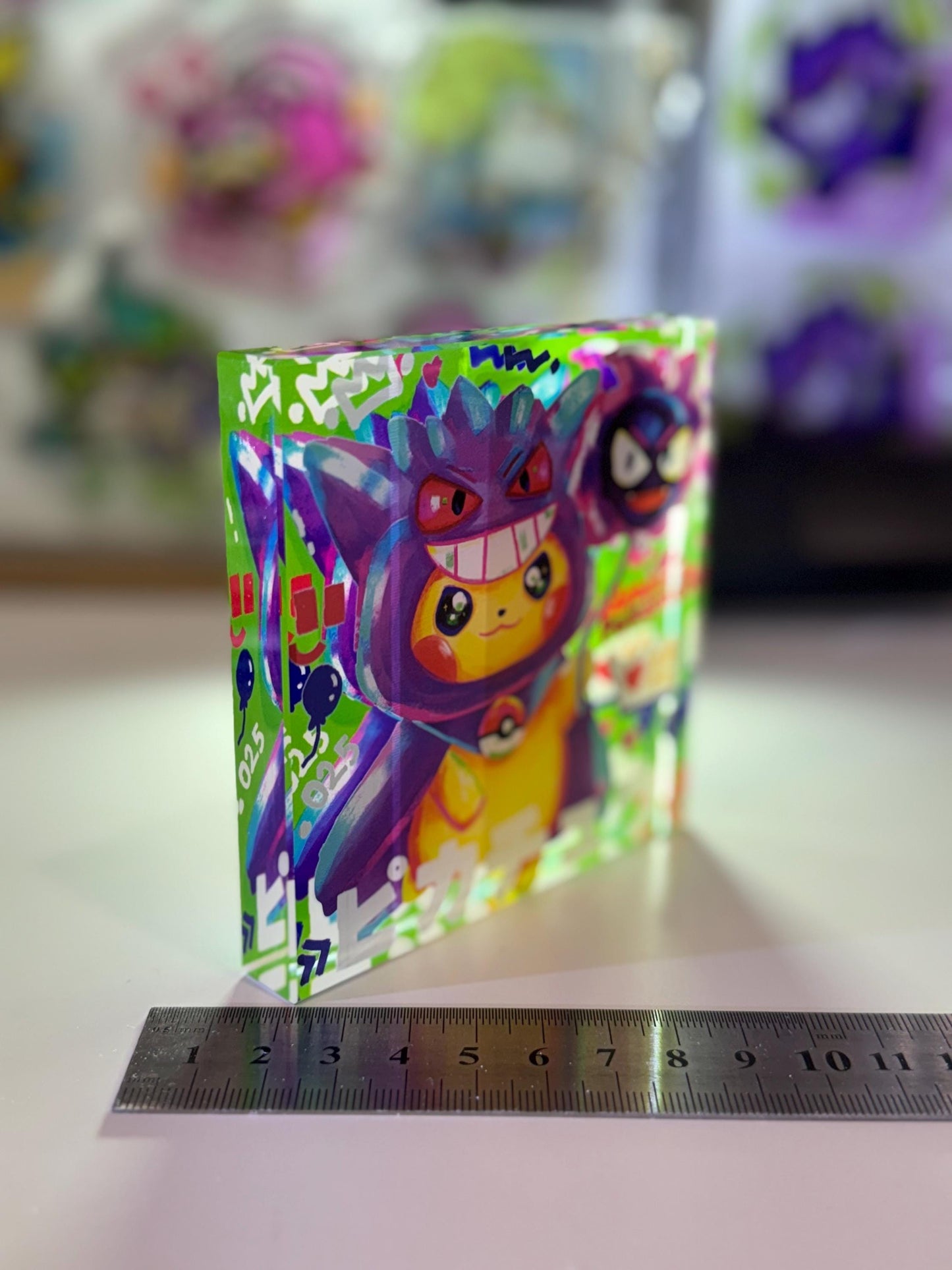 Poncho Pikachu CustomMade Pokemon Crystal Acrylic Block 10x10x1.5cm-Gift For him-Pokemon fan-Pokemon TCG PTCG-Pikachu Charizard Full Art