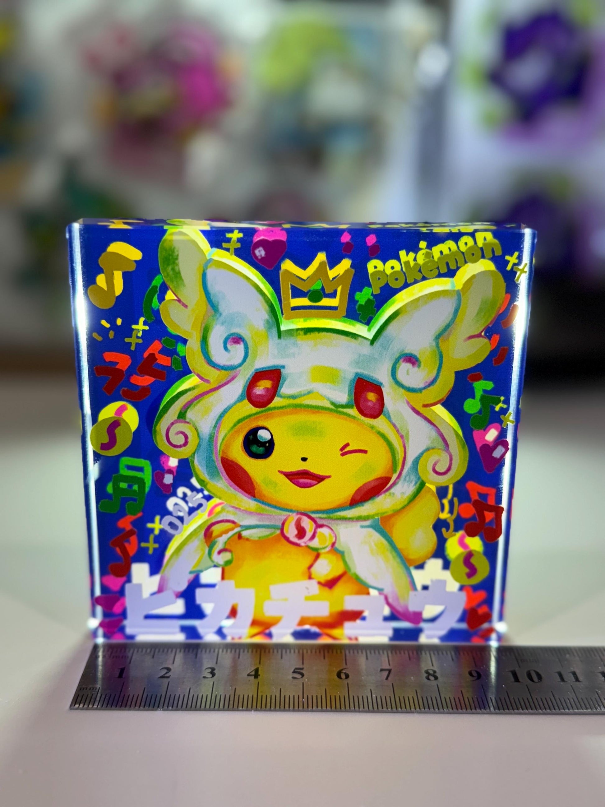 Poncho Pikachu CustomMade Pokemon Crystal Acrylic Block 10x10x1.5cm-Gift For him-Pokemon fan-Pokemon TCG PTCG-Pikachu Charizard Full Art