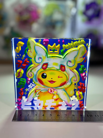 Poncho Pikachu CustomMade Pokemon Crystal Acrylic Block 10x10x1.5cm-Gift For him-Pokemon fan-Pokemon TCG PTCG-Pikachu Charizard Full Art