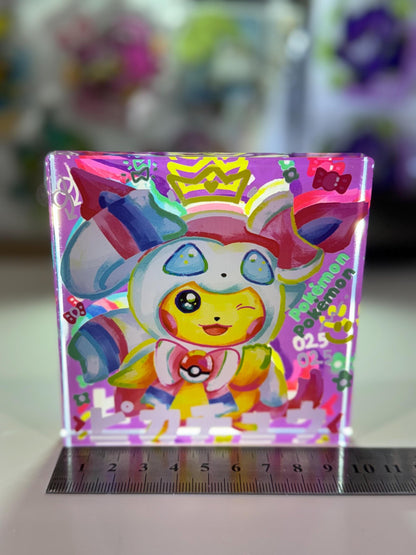Cosplay Pikachu CustomMade Pokemon Decoration Full Art Acrylic Block 10x10x1.5cm-Gift For him-Pokemon fan-Pokemon TCG PTCG-Pikachu Charizard