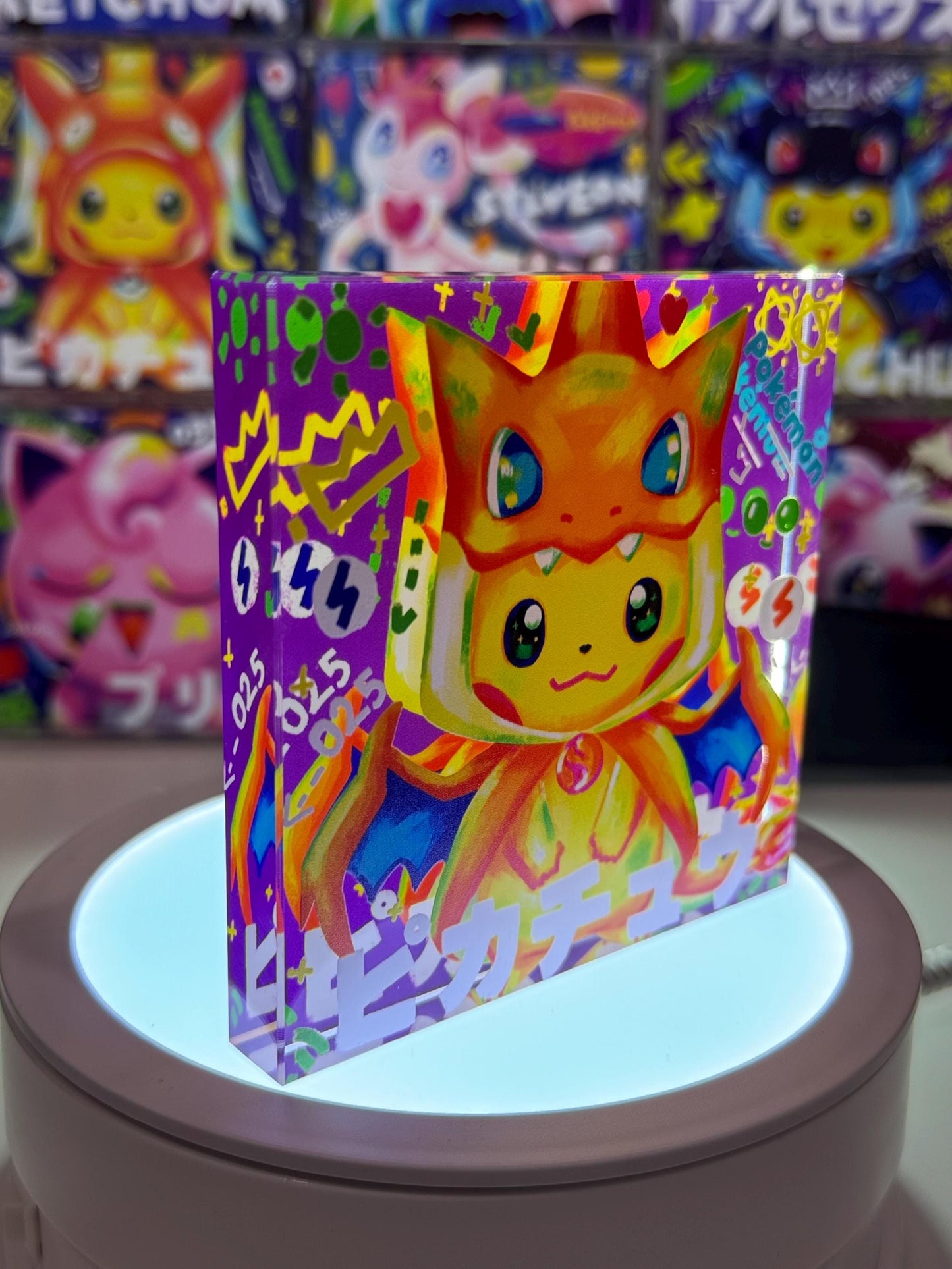 Cosplay Pikachu CustomMade Pokemon Decoration Full Art Acrylic Block 10x10x1.5cm-Gift For him-Pokemon fan-Pokemon TCG PTCG-Pikachu Charizard