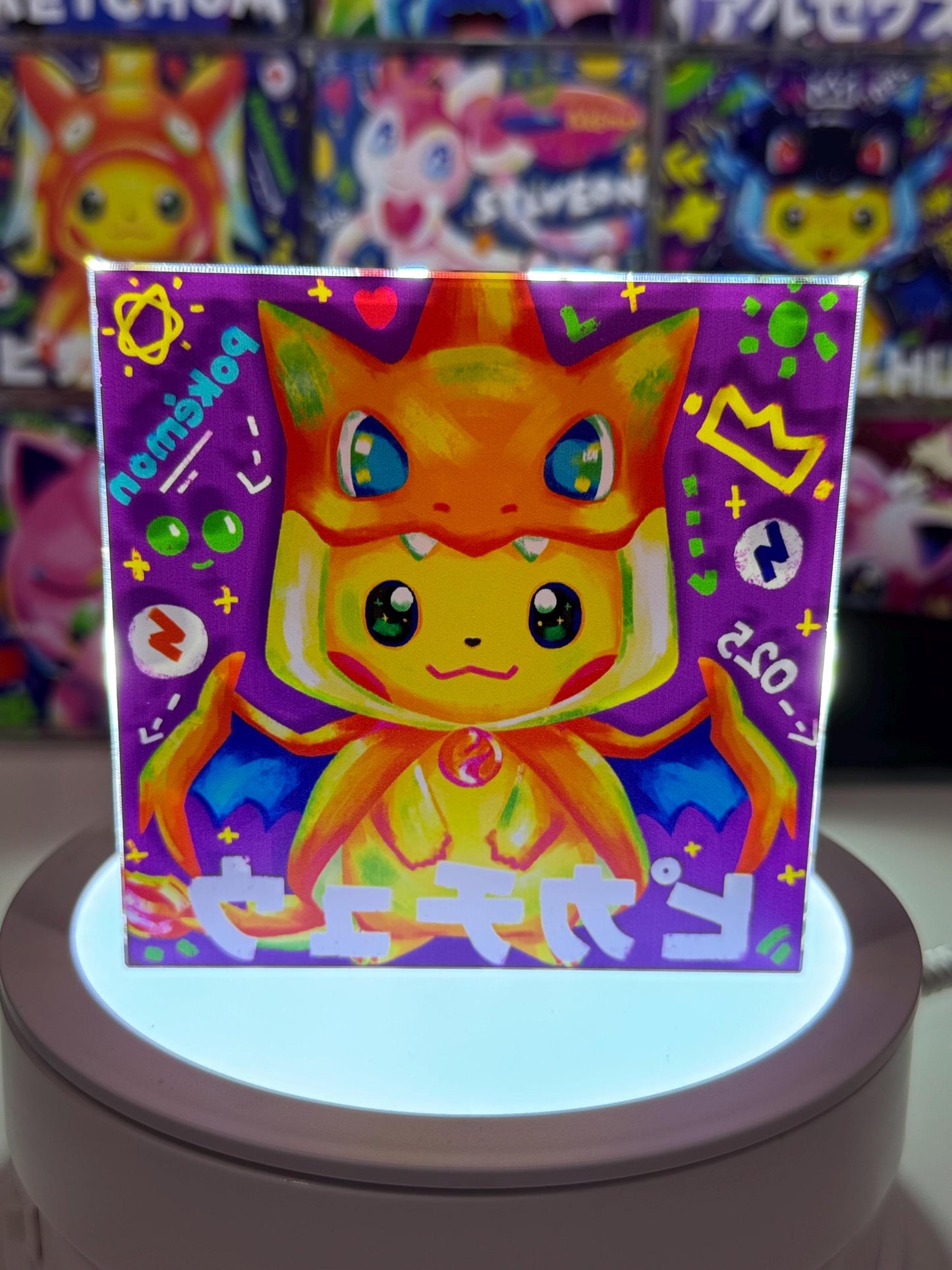 Cosplay Pikachu CustomMade Pokemon Decoration Full Art Acrylic Block 10x10x1.5cm-Gift For him-Pokemon fan-Pokemon TCG PTCG-Pikachu Charizard