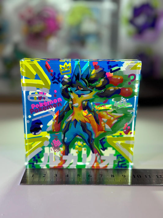 Lucario CustomMade Pokemon Crystal Acrylic Block 10x10x1.5cm-Gift For him-Pokemon fan-Pokemon TCG PTCG-Pikachu Charizard Full Art