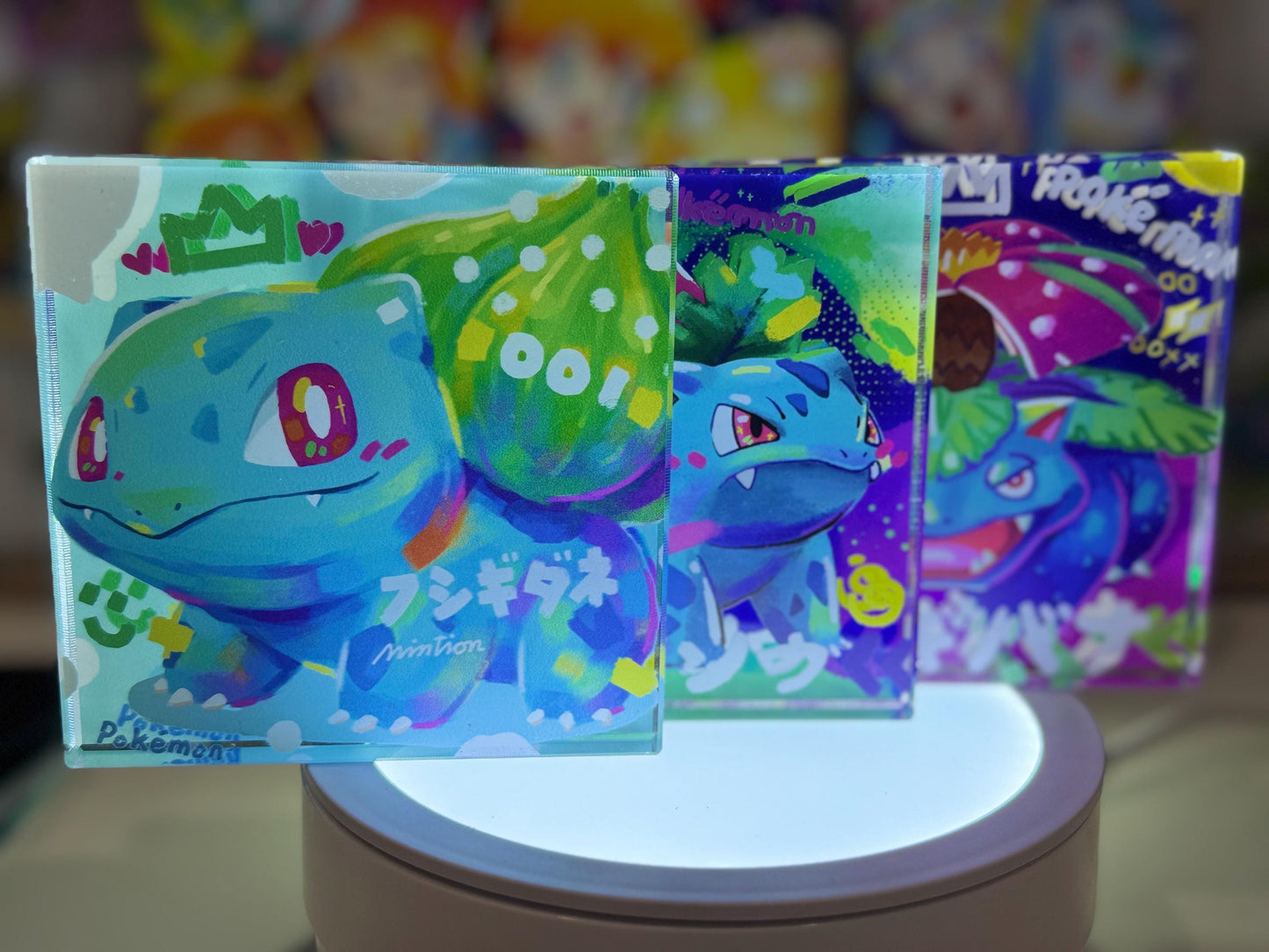 Bulbasaur Evolution Chain CustomMade Pokemon Crystal Acrylic Block 10x10x1.5cm-Gift For him-Pokemon fan-Pokemon TCG PTCG Full Art