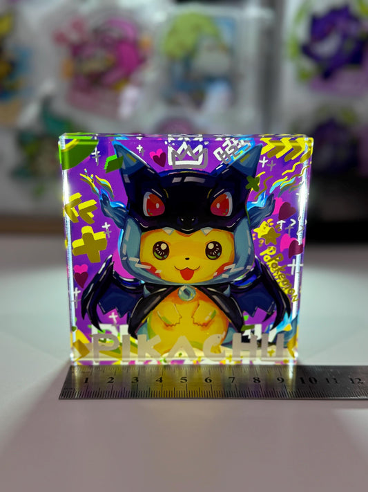 Poncho Pikachu CustomMade Pokemon Crystal Acrylic Block 10x10x1.5cm-Gift For him-Pokemon fan-Pokemon TCG PTCG-Pikachu Charizard Full Art