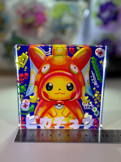 Poncho Pikachu CustomMade Pokemon Crystal Acrylic Block 10x10x1.5cm-Gift For him-Pokemon fan-Pokemon TCG PTCG-Pikachu Charizard Full Art
