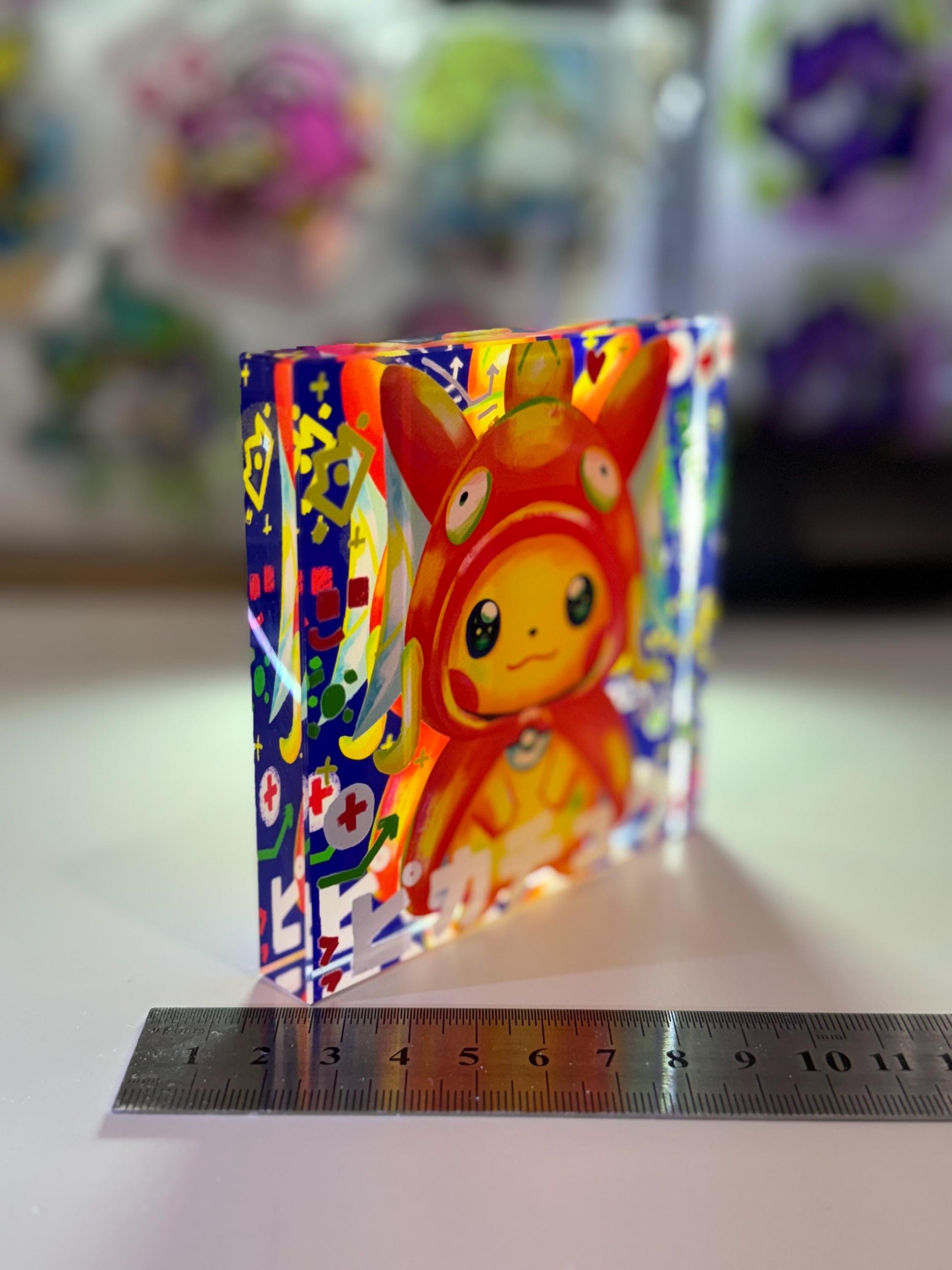 Poncho Pikachu CustomMade Pokemon Crystal Acrylic Block 10x10x1.5cm-Gift For him-Pokemon fan-Pokemon TCG PTCG-Pikachu Charizard Full Art