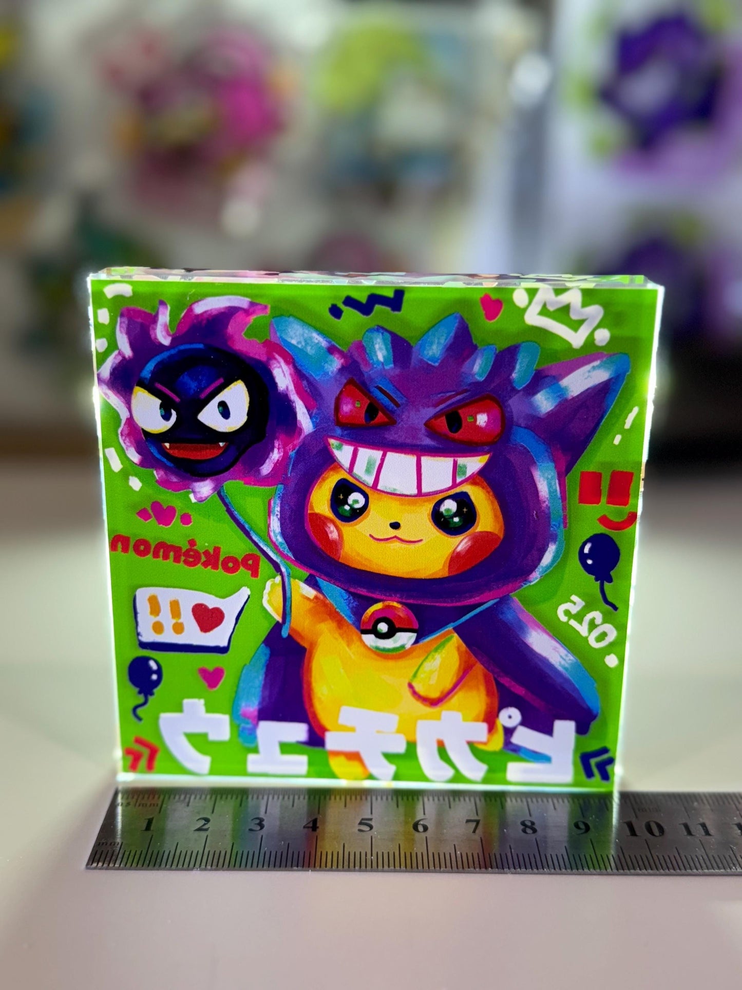 Poncho Pikachu CustomMade Pokemon Crystal Acrylic Block 10x10x1.5cm-Gift For him-Pokemon fan-Pokemon TCG PTCG-Pikachu Charizard Full Art