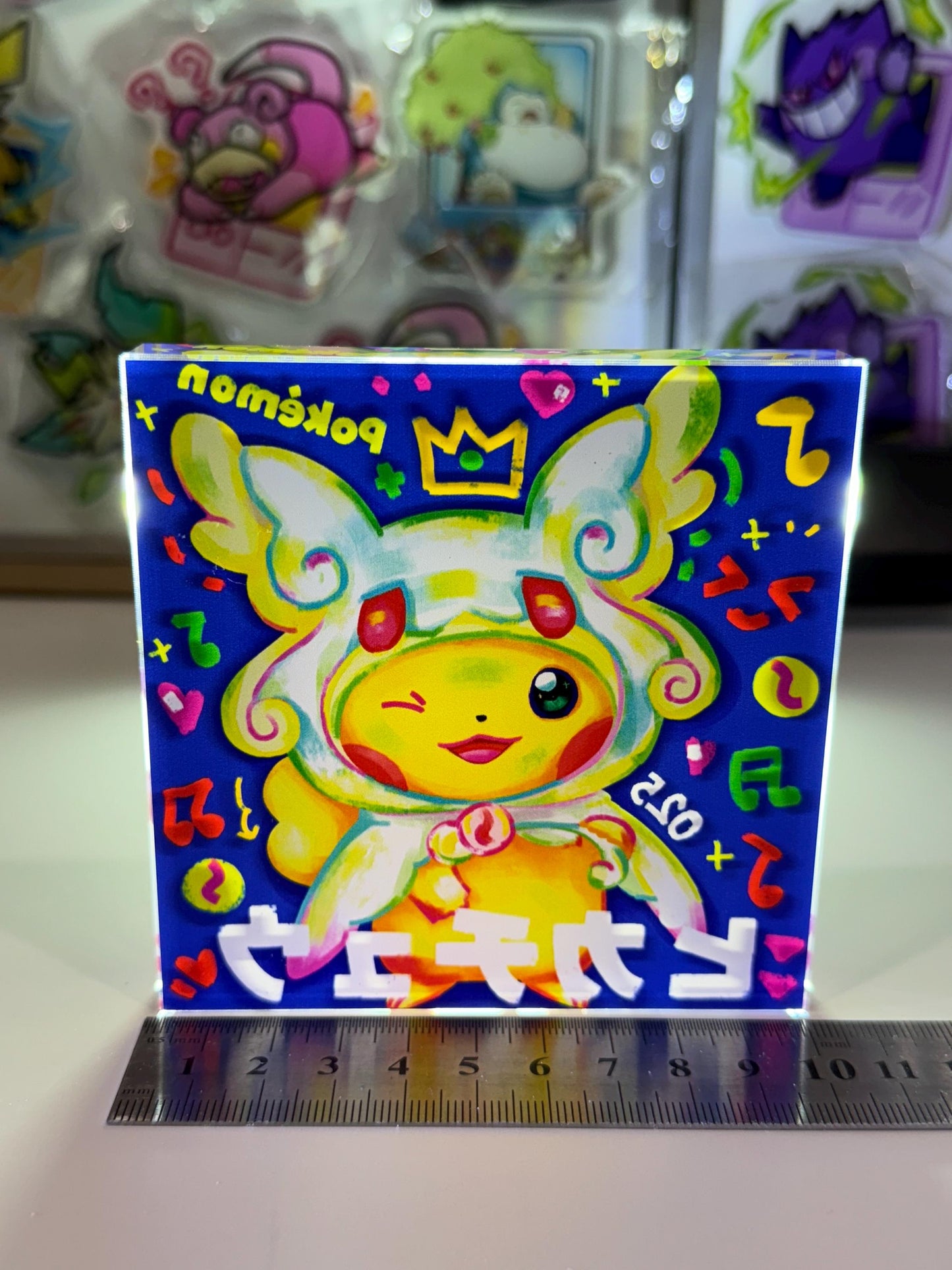 Poncho Pikachu CustomMade Pokemon Crystal Acrylic Block 10x10x1.5cm-Gift For him-Pokemon fan-Pokemon TCG PTCG-Pikachu Charizard Full Art