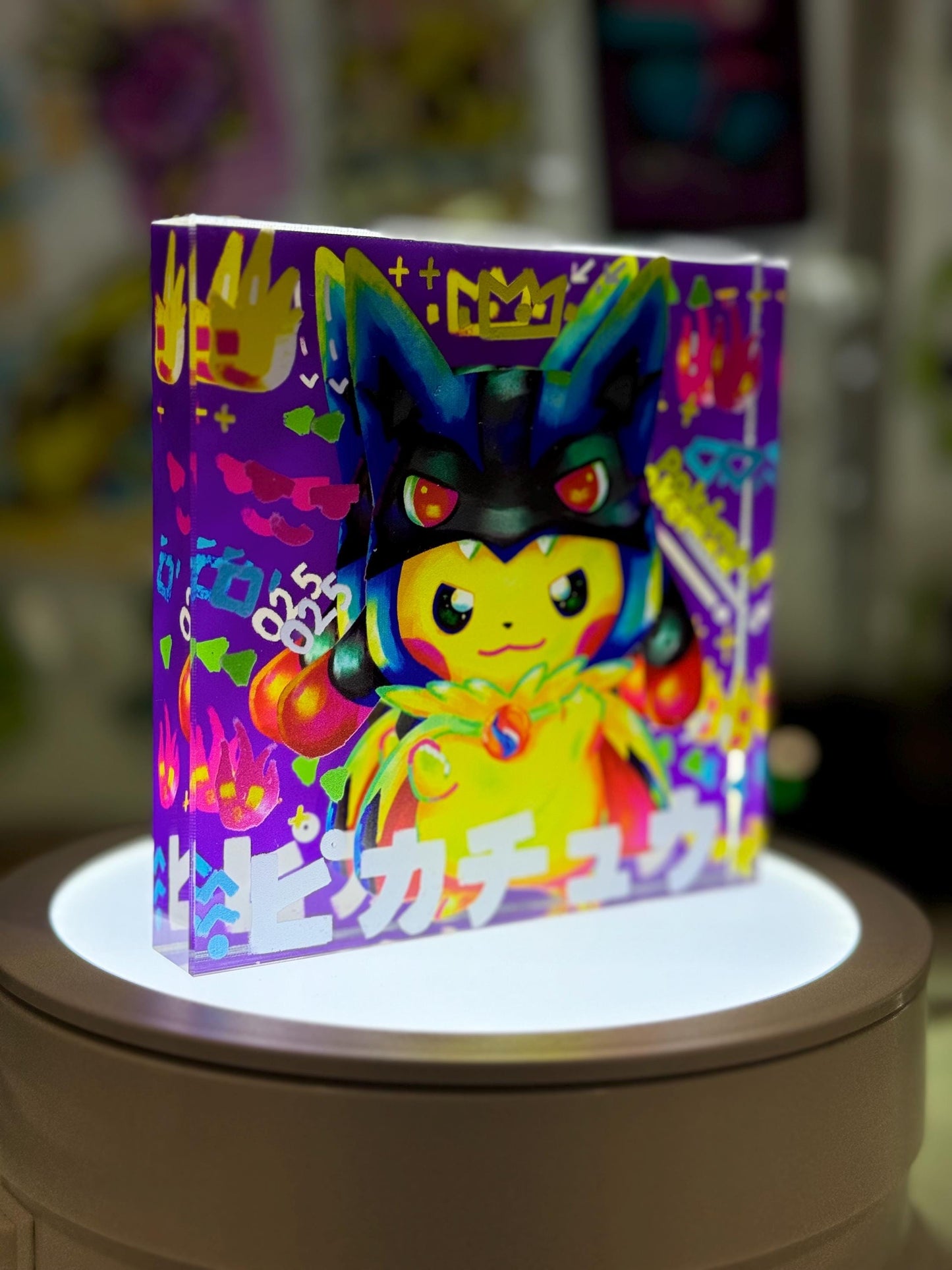 Poncho Pikachu CustomMade Pokemon Crystal Acrylic Block 10x10x1.5cm-Gift For him-Pokemon fan-Pokemon TCG PTCG-Pikachu Charizard Full Art