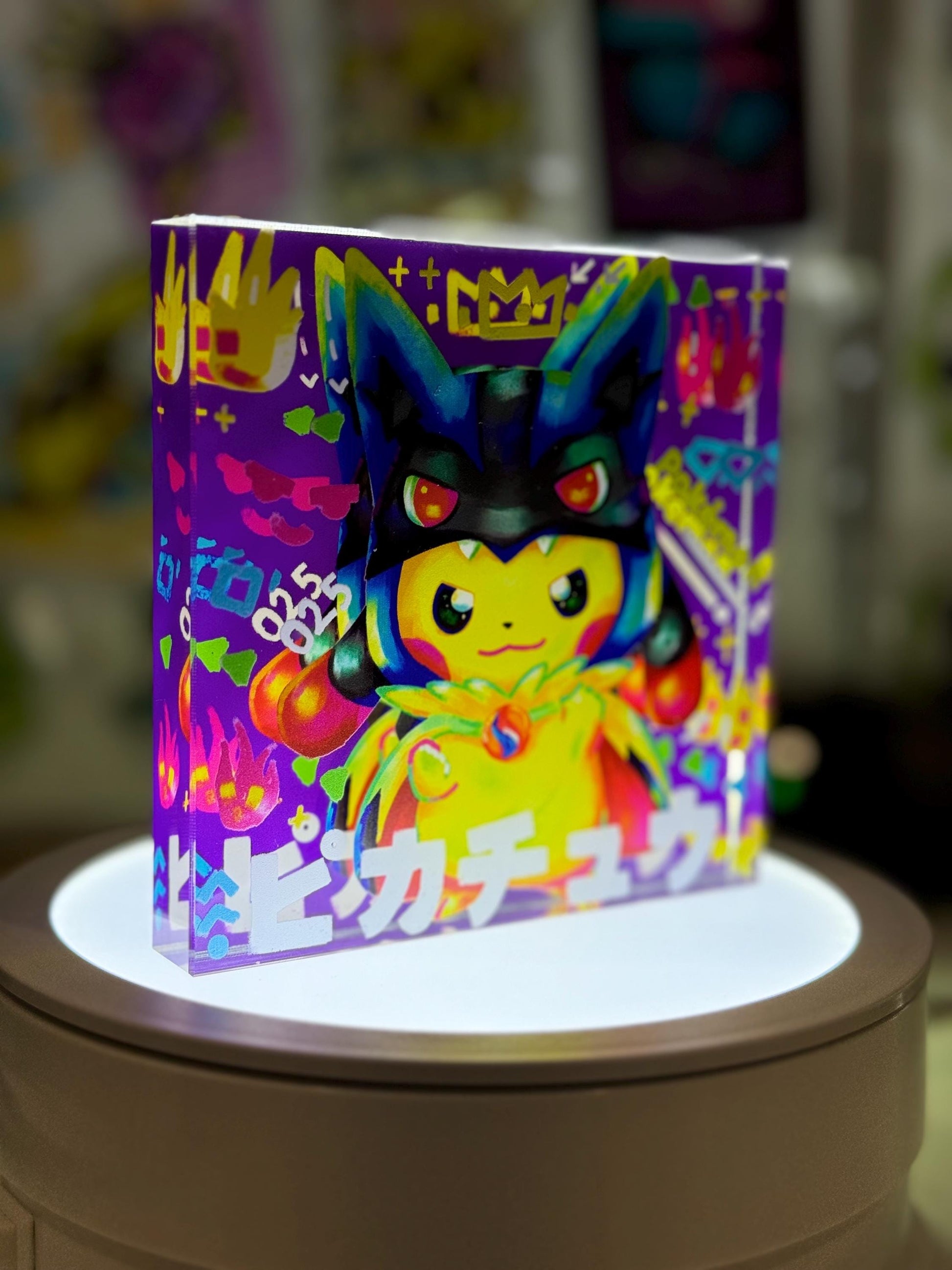 Poncho Pikachu CustomMade Pokemon Crystal Acrylic Block 10x10x1.5cm-Gift For him-Pokemon fan-Pokemon TCG PTCG-Pikachu Charizard Full Art