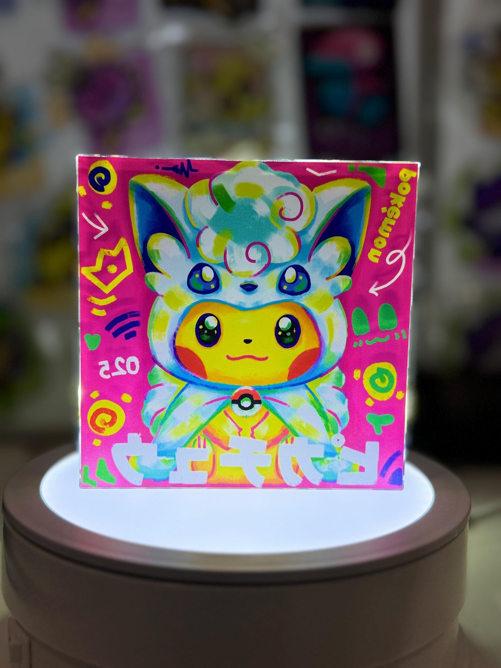 Cosplay Pikachu CustomMade Pokemon Decoration Full Art Acrylic Block 10x10x1.5cm-Gift For him-Pokemon fan-Pokemon TCG PTCG-Pikachu Charizard