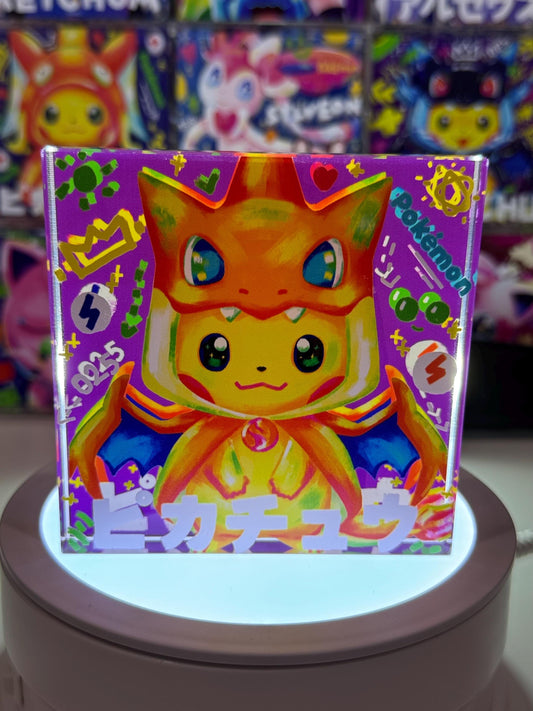 Cosplay Pikachu CustomMade Pokemon Decoration Full Art Acrylic Block 10x10x1.5cm-Gift For him-Pokemon fan-Pokemon TCG PTCG-Pikachu Charizard