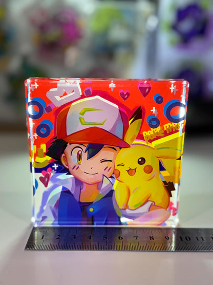 Ash Pikachu CustomMade Pokemon Crystal Acrylic Block 10cmx10cmx1.5cm-Gift For him-Pokemon fan-Pokemon TCG PTCG-Pikachu Charizard Full Art