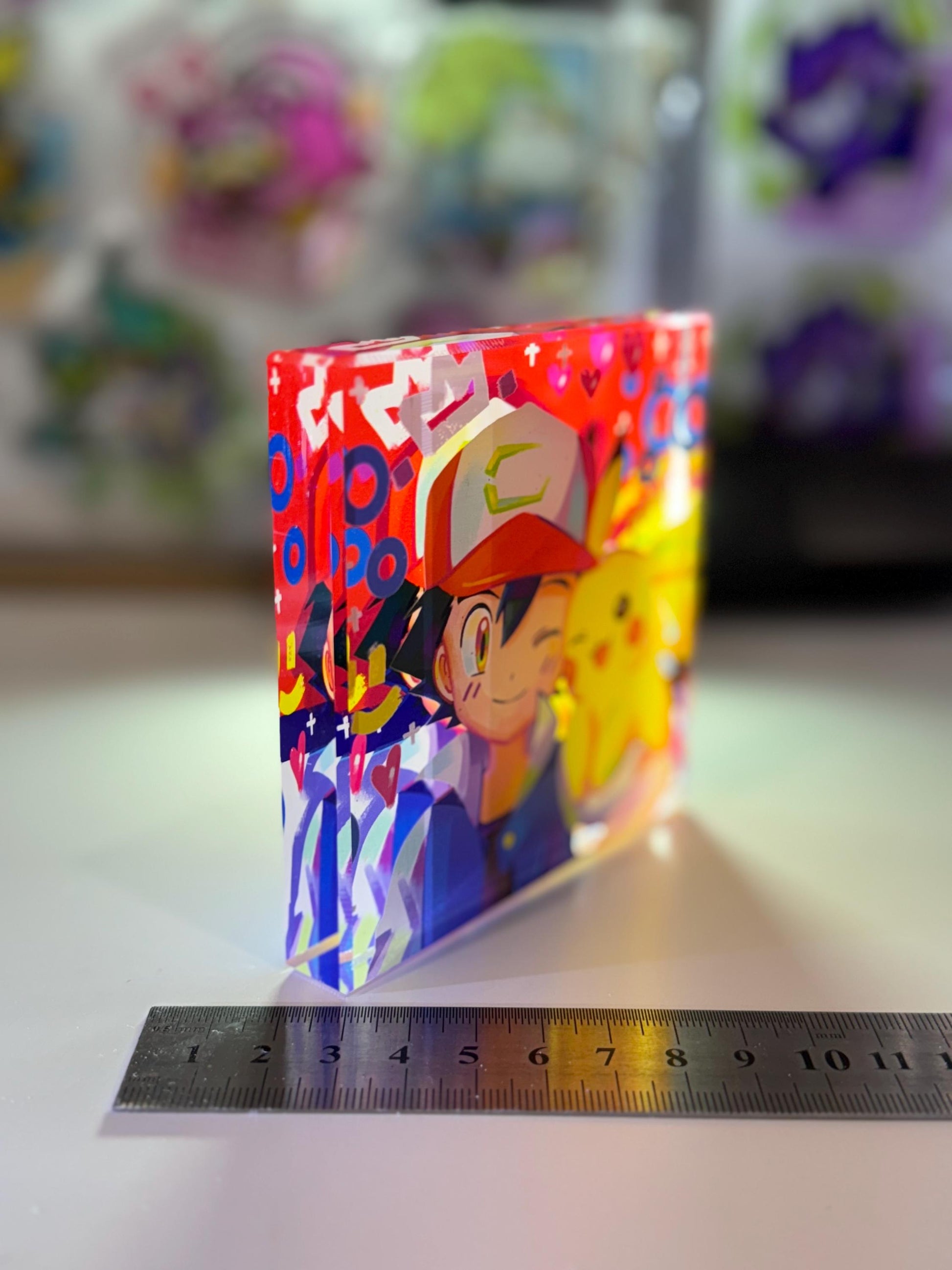 Ash Pikachu CustomMade Pokemon Crystal Acrylic Block 10cmx10cmx1.5cm-Gift For him-Pokemon fan-Pokemon TCG PTCG-Pikachu Charizard Full Art