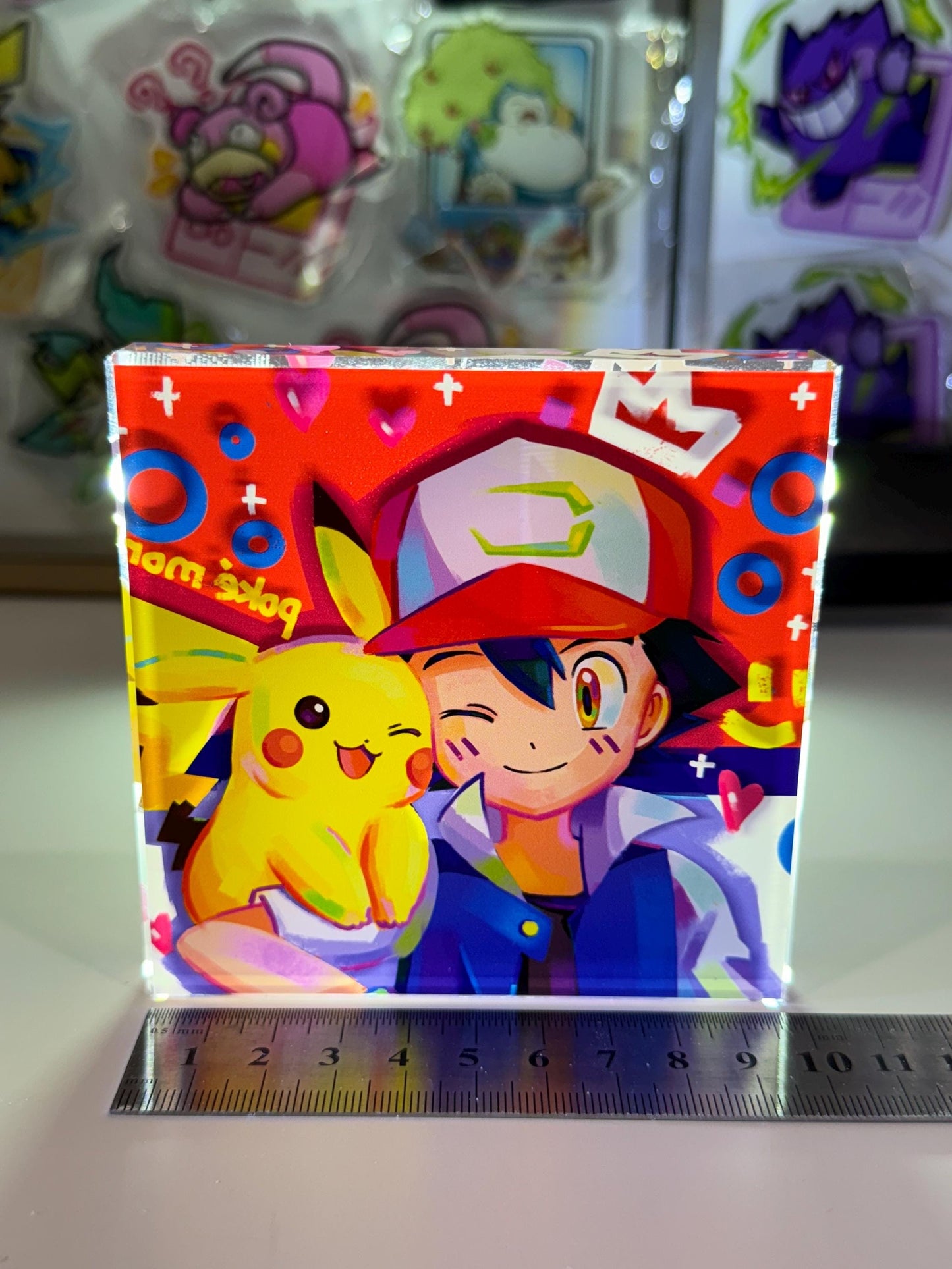 Ash Pikachu CustomMade Pokemon Crystal Acrylic Block 10cmx10cmx1.5cm-Gift For him-Pokemon fan-Pokemon TCG PTCG-Pikachu Charizard Full Art