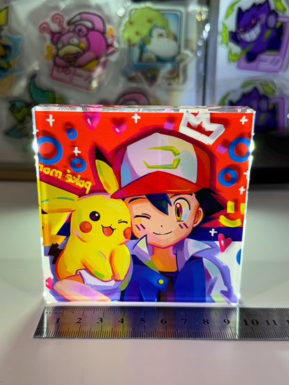 Ash Pikachu CustomMade Pokemon Crystal Acrylic Block 10cmx10cmx1.5cm-Gift For him-Pokemon fan-Pokemon TCG PTCG-Pikachu Charizard Full Art