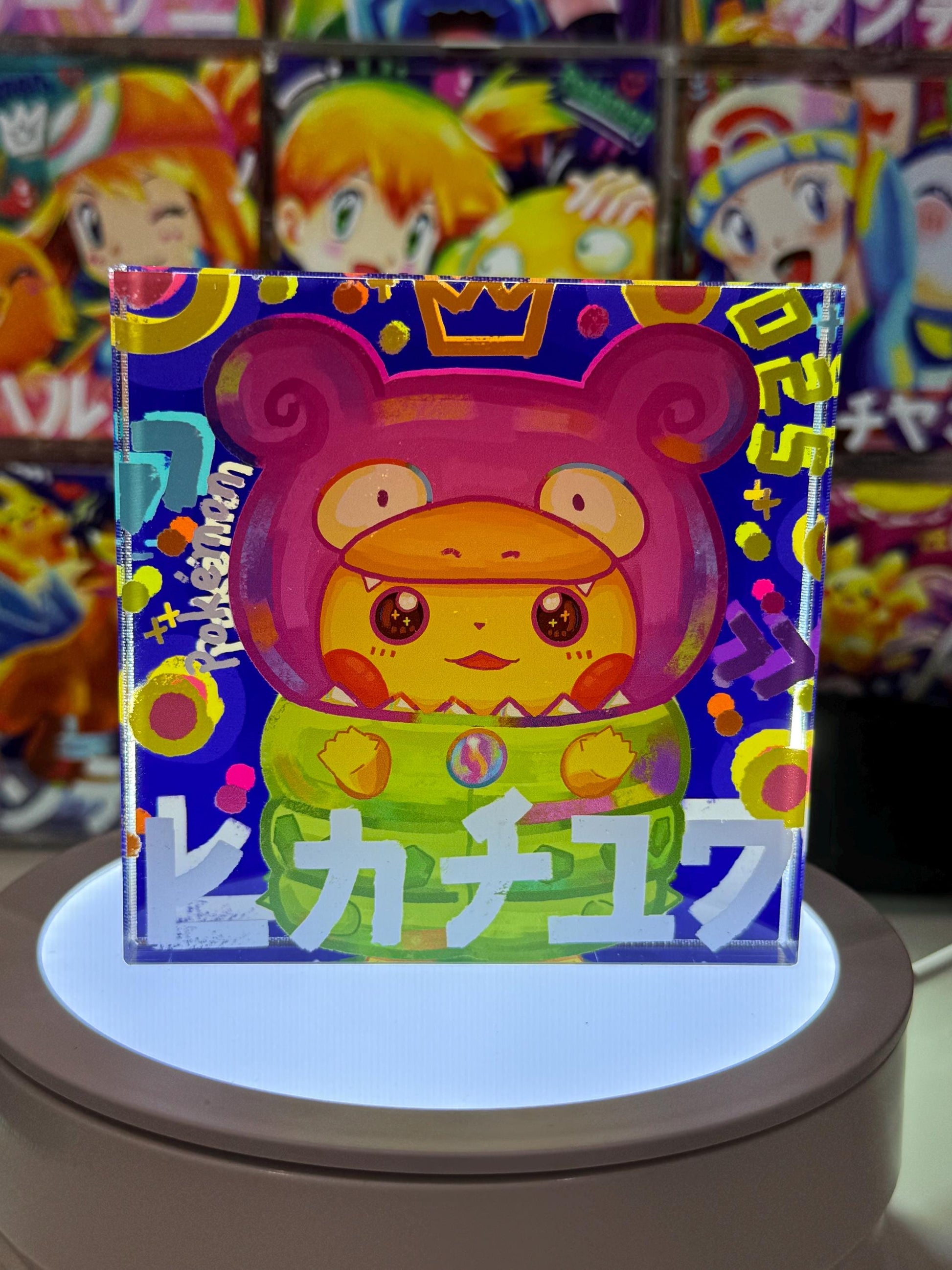 Poncho Pikachu CustomMade Pokemon Crystal Acrylic Block 10x10x1.5cm-Gift For him-Pokemon fan-Pokemon TCG PTCG-Pikachu Charizard Full Art