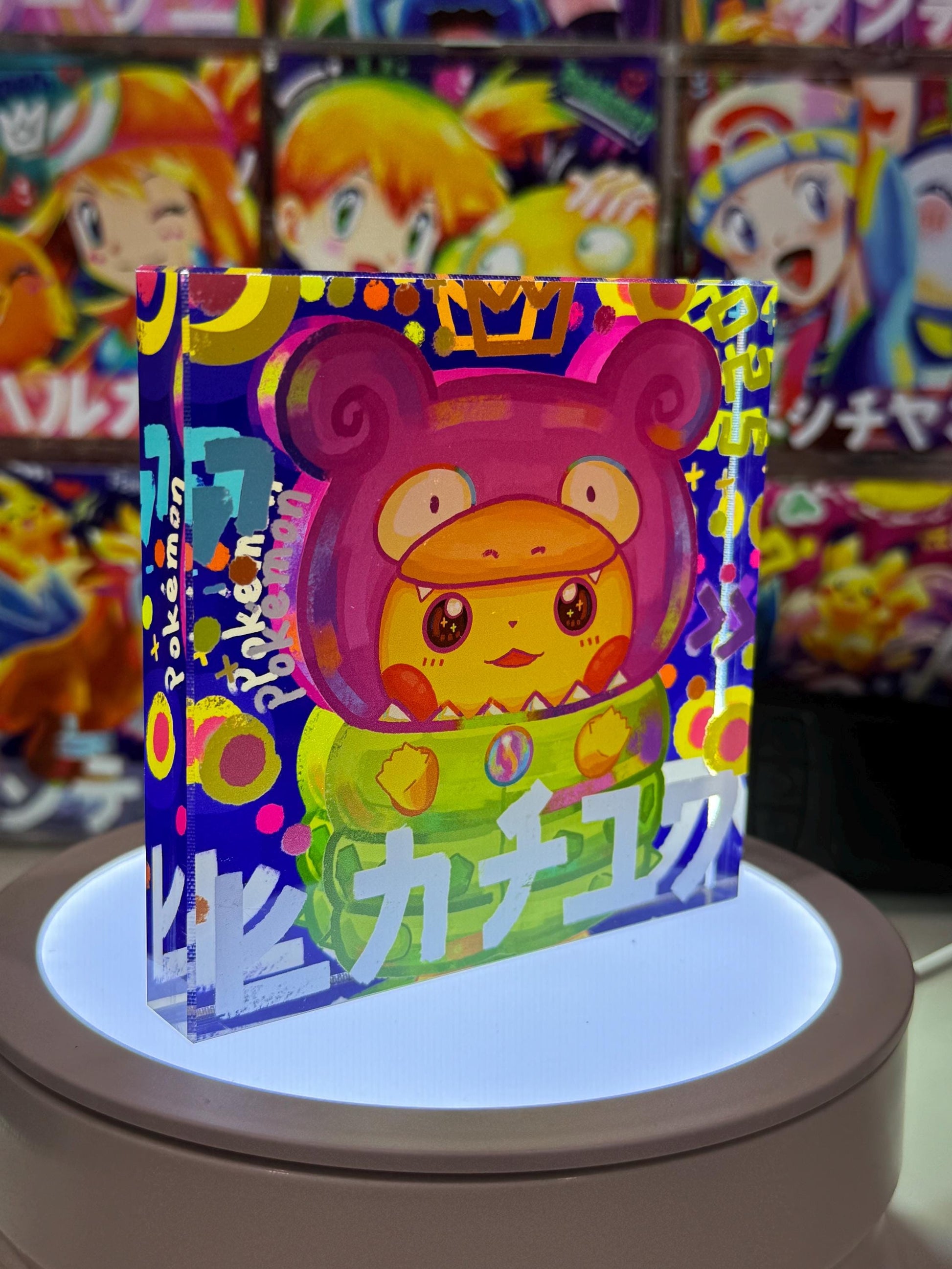 Poncho Pikachu CustomMade Pokemon Crystal Acrylic Block 10x10x1.5cm-Gift For him-Pokemon fan-Pokemon TCG PTCG-Pikachu Charizard Full Art