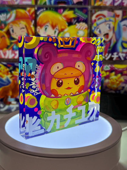 Poncho Pikachu CustomMade Pokemon Crystal Acrylic Block 10x10x1.5cm-Gift For him-Pokemon fan-Pokemon TCG PTCG-Pikachu Charizard Full Art