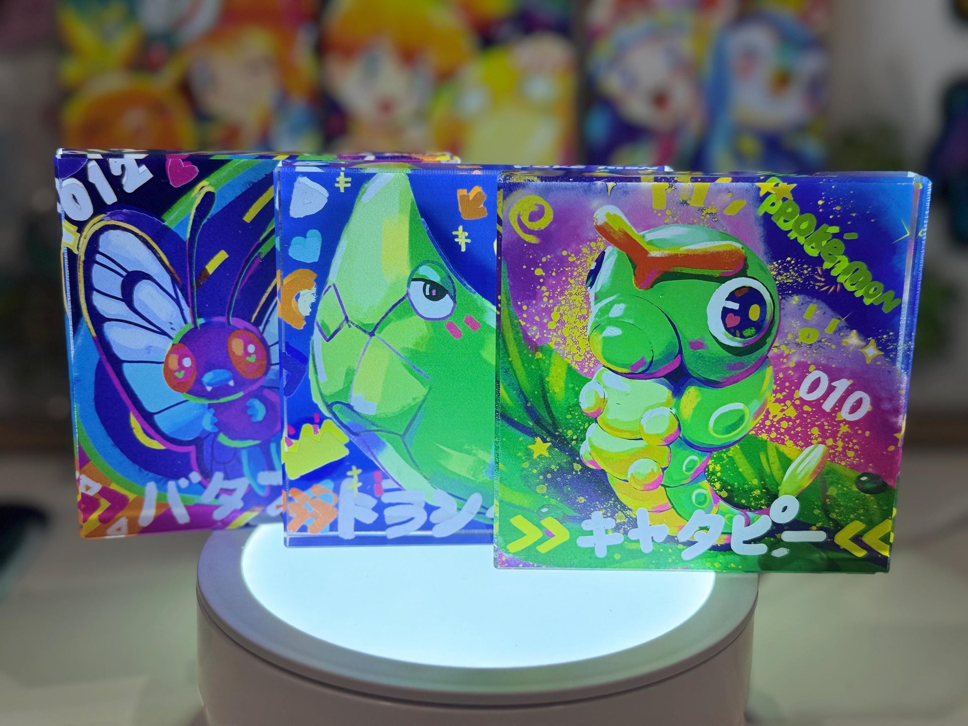 Caterpie Evolution Chain CustomMade Pokemon Crystal Acrylic Block 10x10x1.5cm-Gift For him-Pokemon fan-Pokemon TCG PTCG Full Art