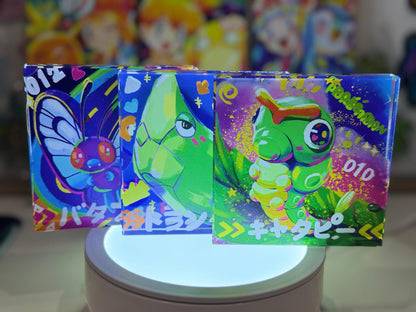 Caterpie Evolution Chain CustomMade Pokemon Crystal Acrylic Block 10x10x1.5cm-Gift For him-Pokemon fan-Pokemon TCG PTCG Full Art