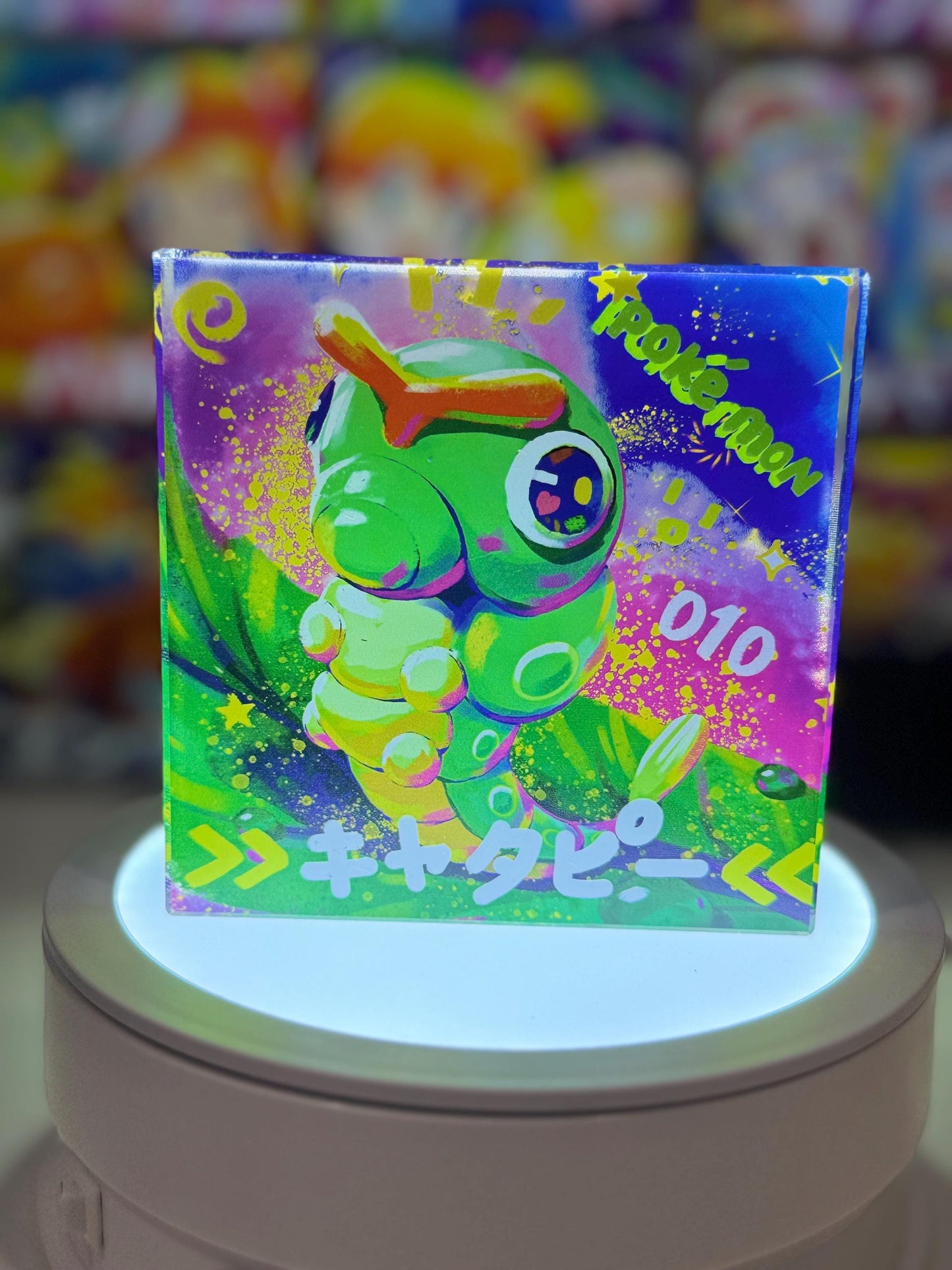 Caterpie Evolution Chain CustomMade Pokemon Crystal Acrylic Block 10x10x1.5cm-Gift For him-Pokemon fan-Pokemon TCG PTCG Full Art