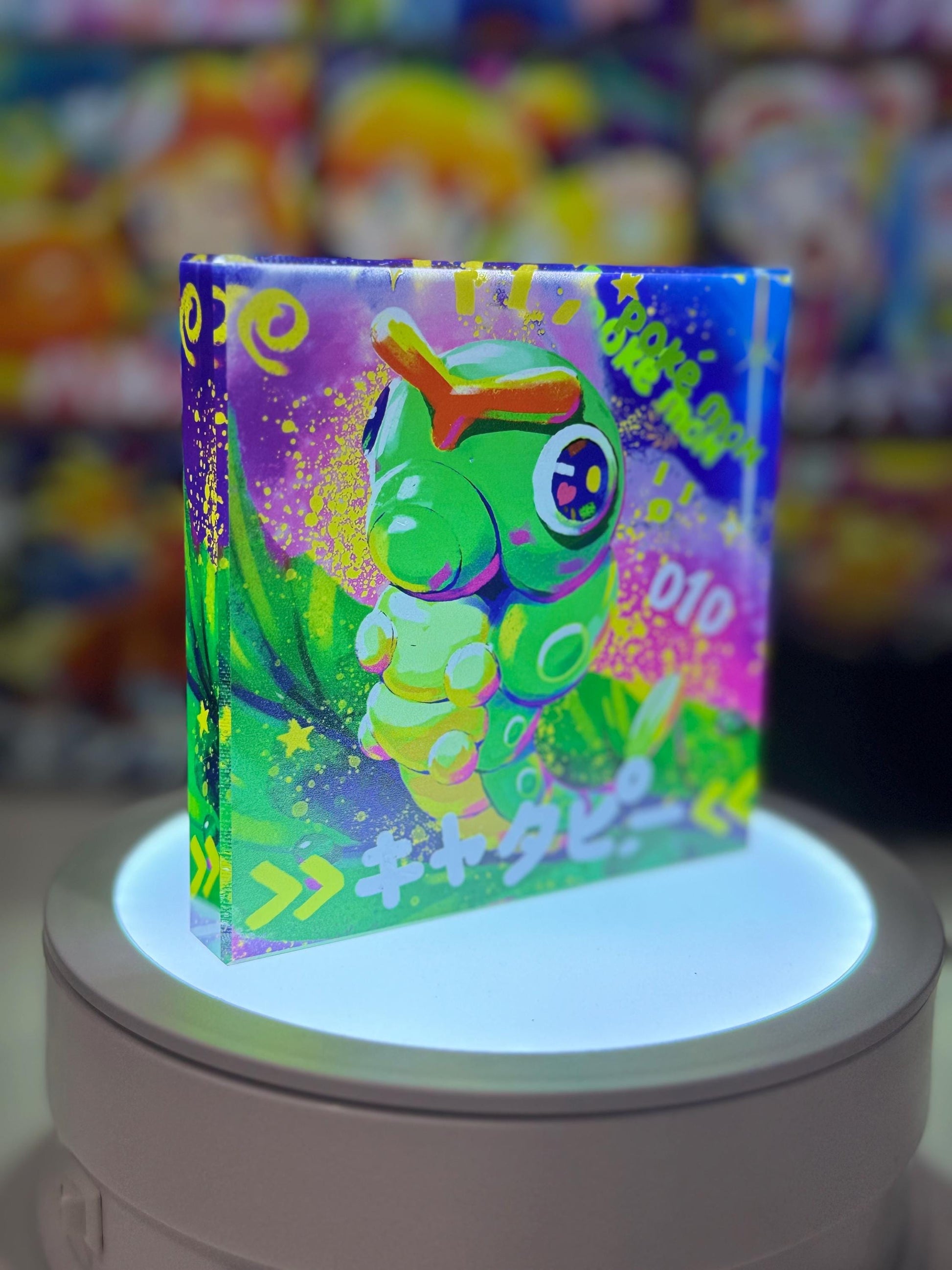 Caterpie Evolution Chain CustomMade Pokemon Crystal Acrylic Block 10x10x1.5cm-Gift For him-Pokemon fan-Pokemon TCG PTCG Full Art