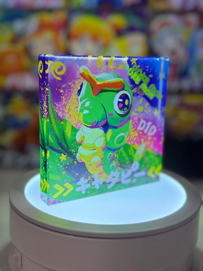 Caterpie Evolution Chain CustomMade Pokemon Crystal Acrylic Block 10x10x1.5cm-Gift For him-Pokemon fan-Pokemon TCG PTCG Full Art