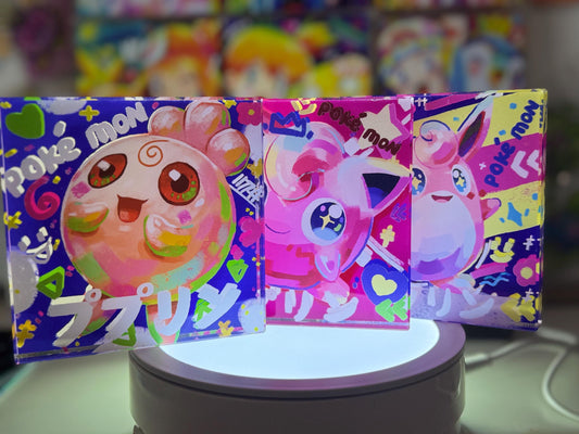 Jigglypuff Evolution Chain CustomMade Pokemon Crystal Acrylic Block 10x10x1.5cm-Gift For him-Pokemon fan-Pokemon TCG PTCG Full Art