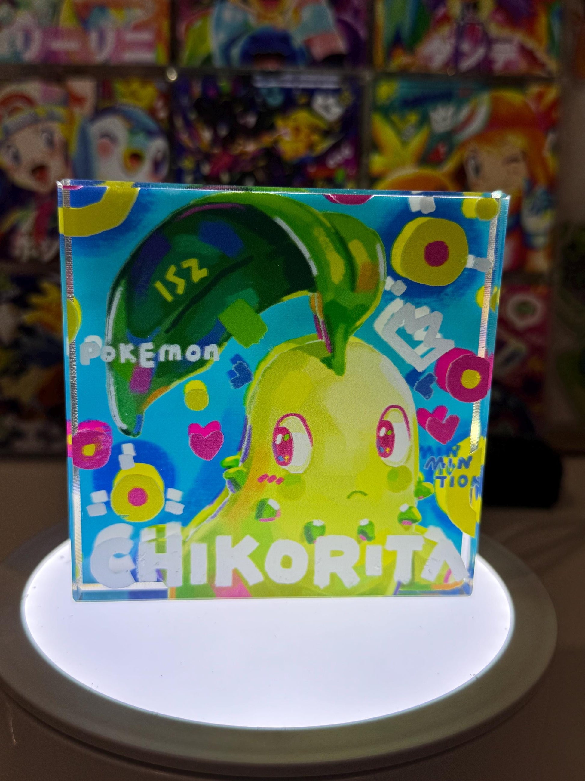 Chikorita CustomMade Pokemon Acrylic Crystal Block-10cm Handcrafted Gift for Collectors TCG PTCG-Pikachu Charizard Original Display Art