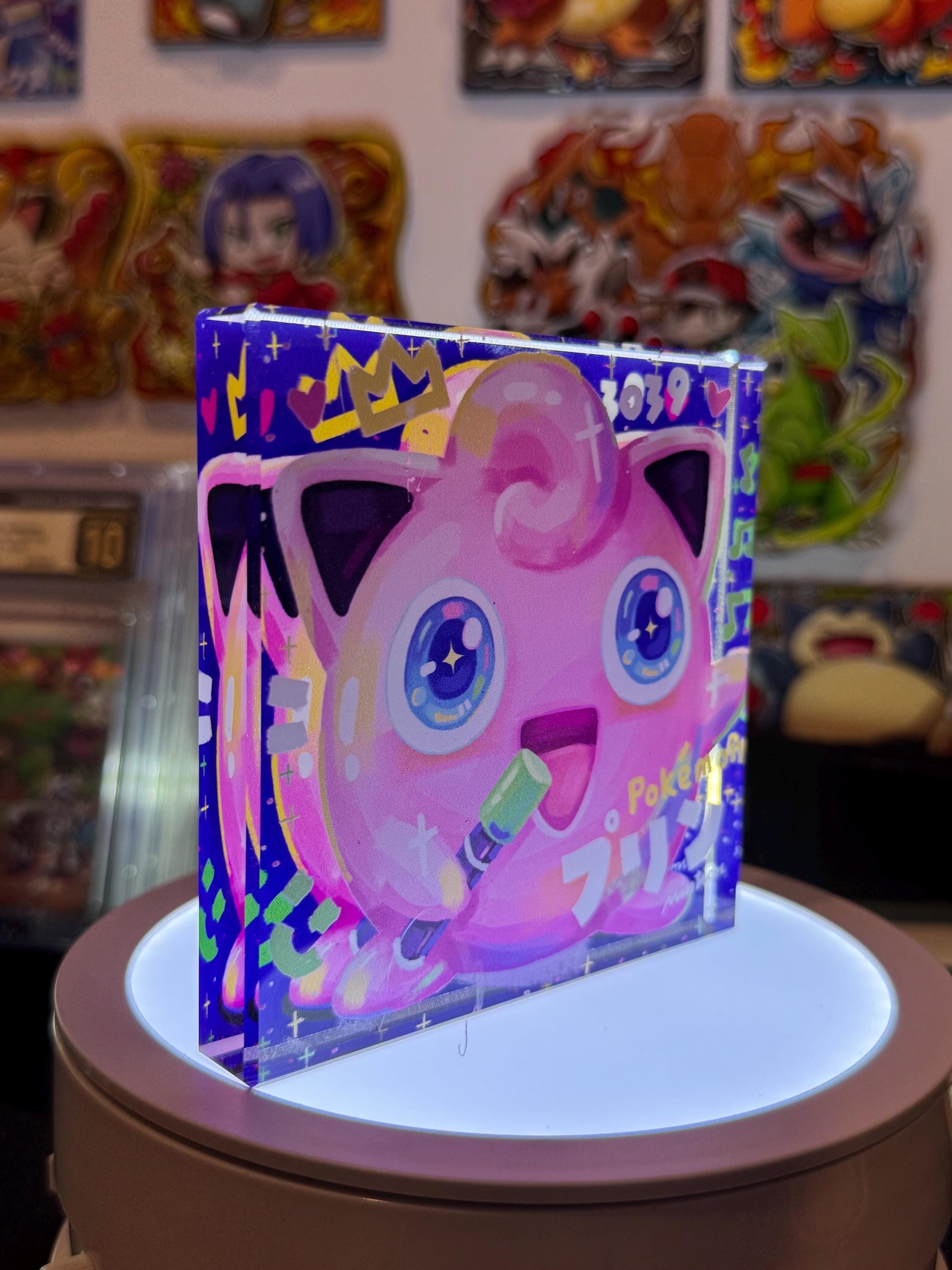 Jigglypuff CustomMade Pokemon Crystal Acrylic Block 10x10x1.5cm-Gift For him-Pokemon fan-Pokemon TCG PTCG-Pikachu Charizard Full Art