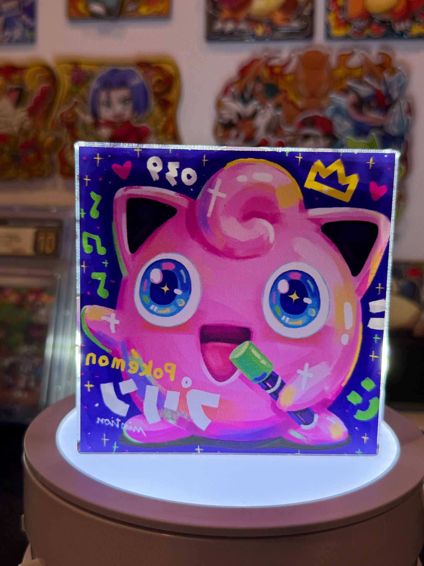 Jigglypuff CustomMade Pokemon Crystal Acrylic Block 10x10x1.5cm-Gift For him-Pokemon fan-Pokemon TCG PTCG-Pikachu Charizard Full Art