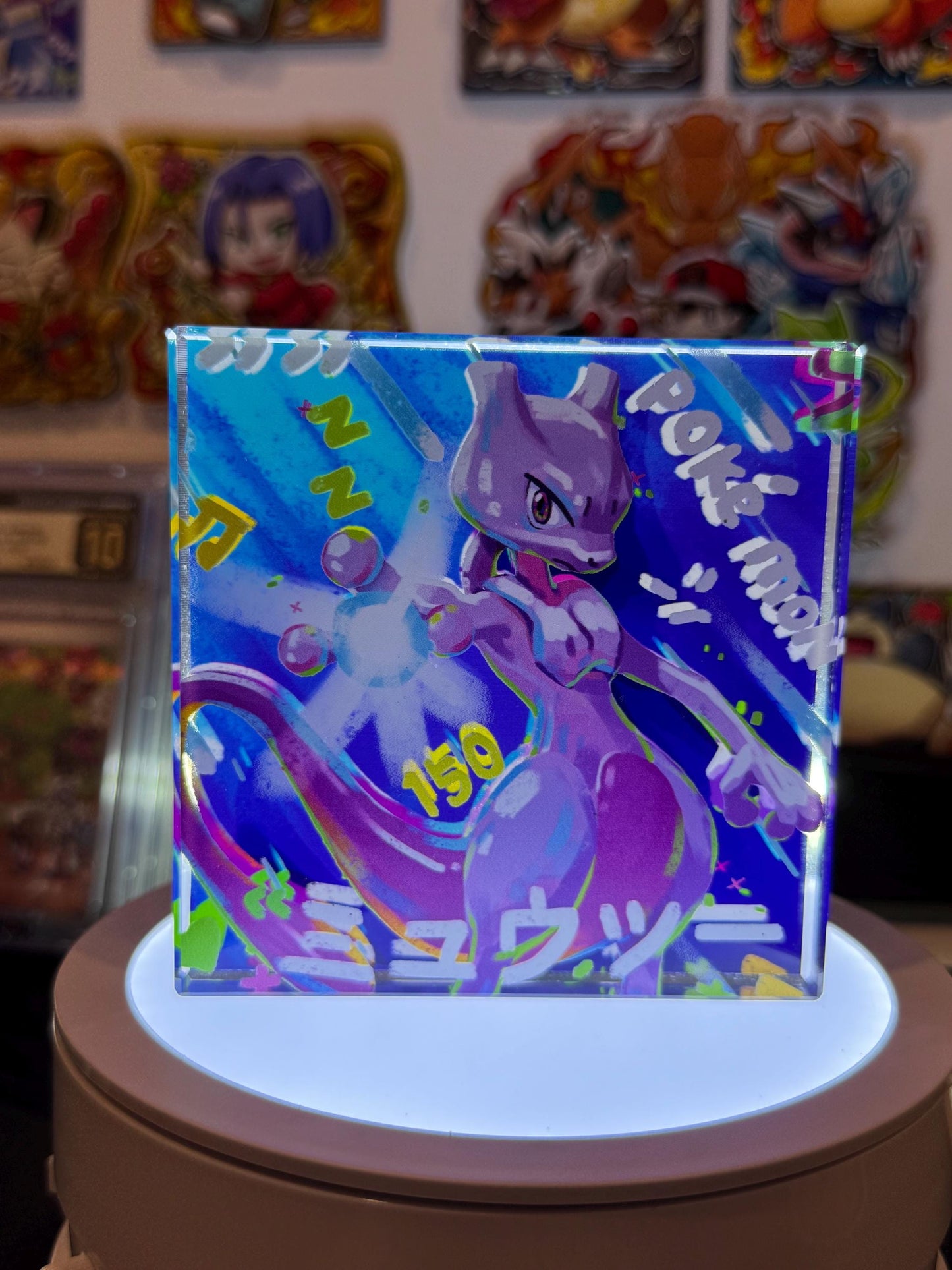 Mewtwo CustomMade Pokemon Crystal Acrylic Block 10cmx10cmx1.5cm-Gift For him-Pokemon fan-Pokemon TCG PTCG-Pikachu Charizard Full Art
