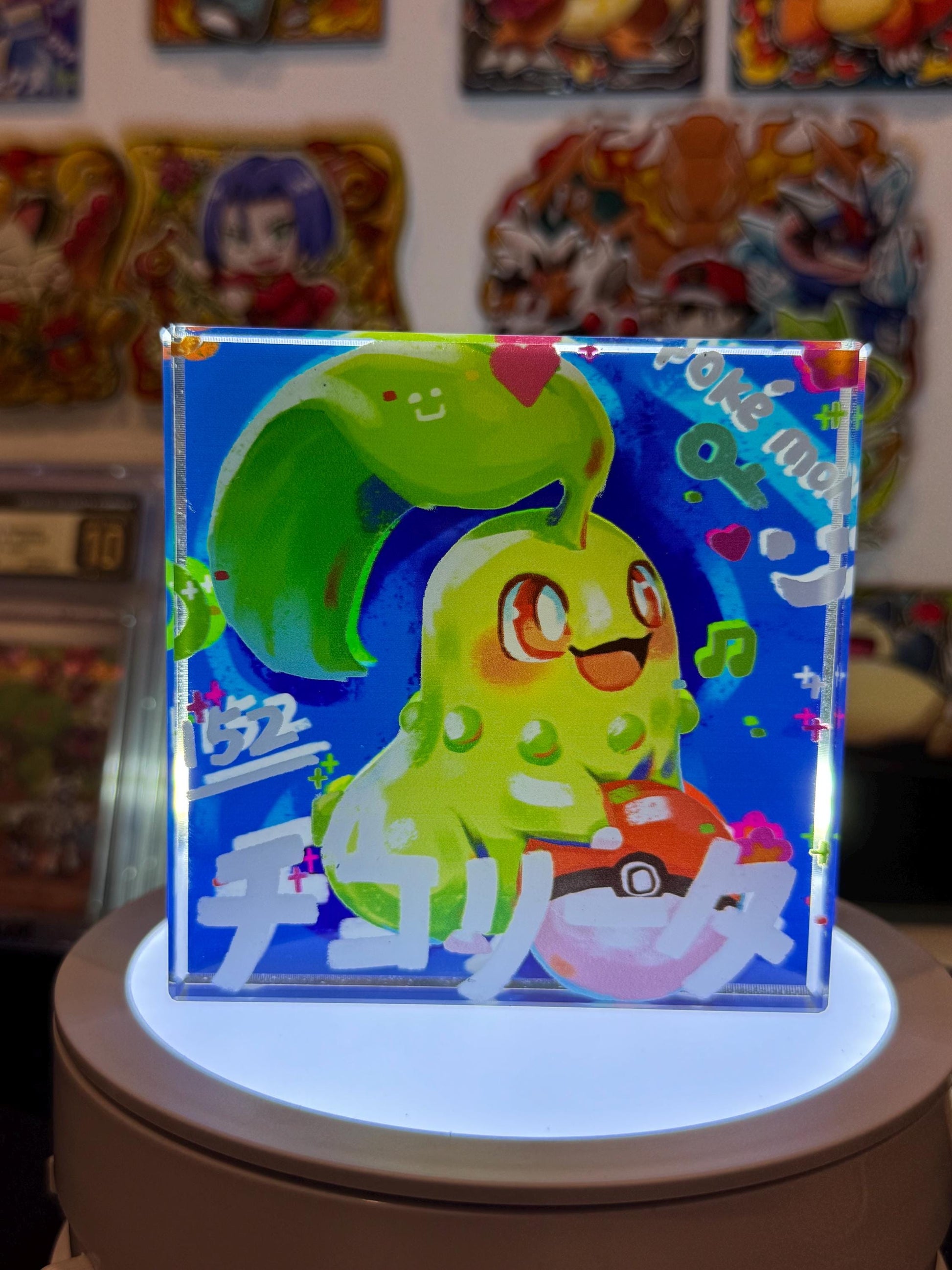 Chikorita CustomMade Pokemon Crystal Acrylic Block 10x10x1.5cm-Gift For him-Pokemon fan-Pokemon TCG PTCG-Pikachu Charizard Full Art