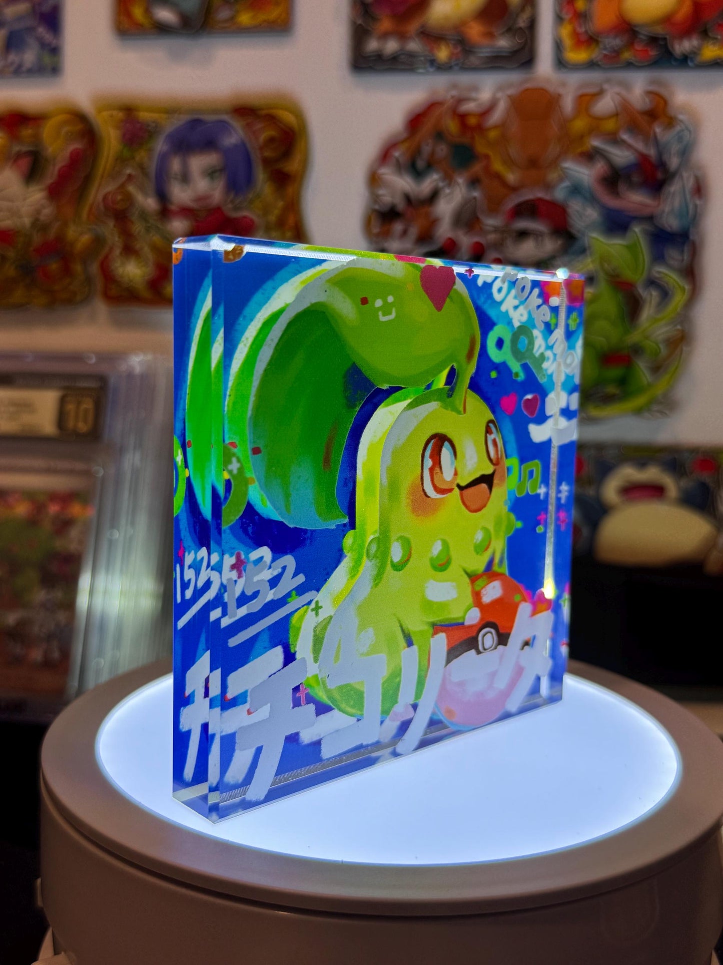 Chikorita CustomMade Pokemon Crystal Acrylic Block 10x10x1.5cm-Gift For him-Pokemon fan-Pokemon TCG PTCG-Pikachu Charizard Full Art