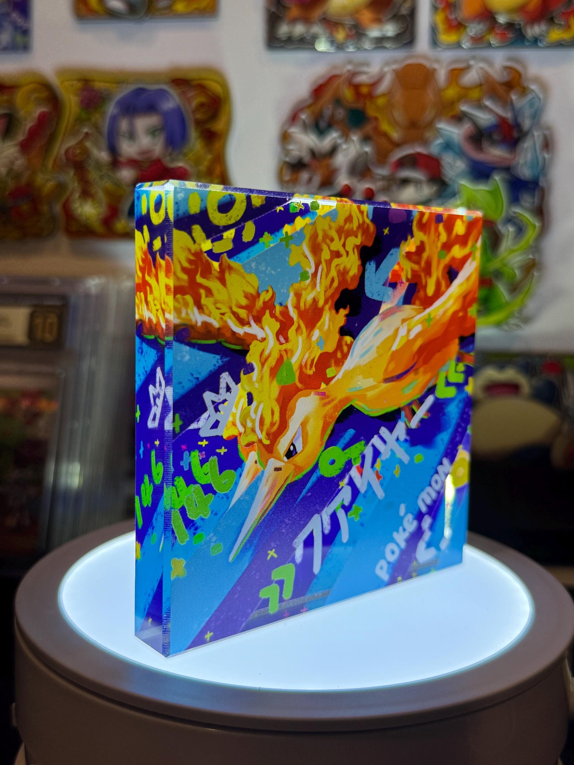 Moltres CustomMade Pokemon Crystal Acrylic Block 10cmx10cmx1.5cm-Gift For him-Pokemon fan-Pokemon TCG PTCG-Pikachu Charizard Full Art