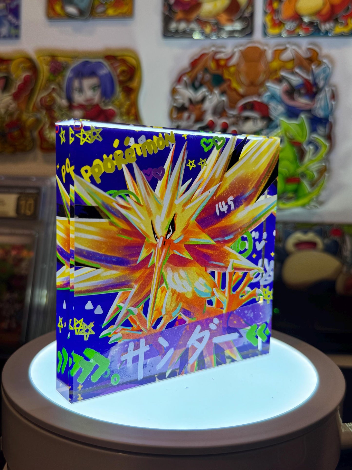 Zapdos CustomMade Pokemon Crystal Acrylic Block 10cmx10cmx1.5cm-Gift For him-Pokemon fan-Pokemon TCG PTCG-Pikachu Charizard Full Art