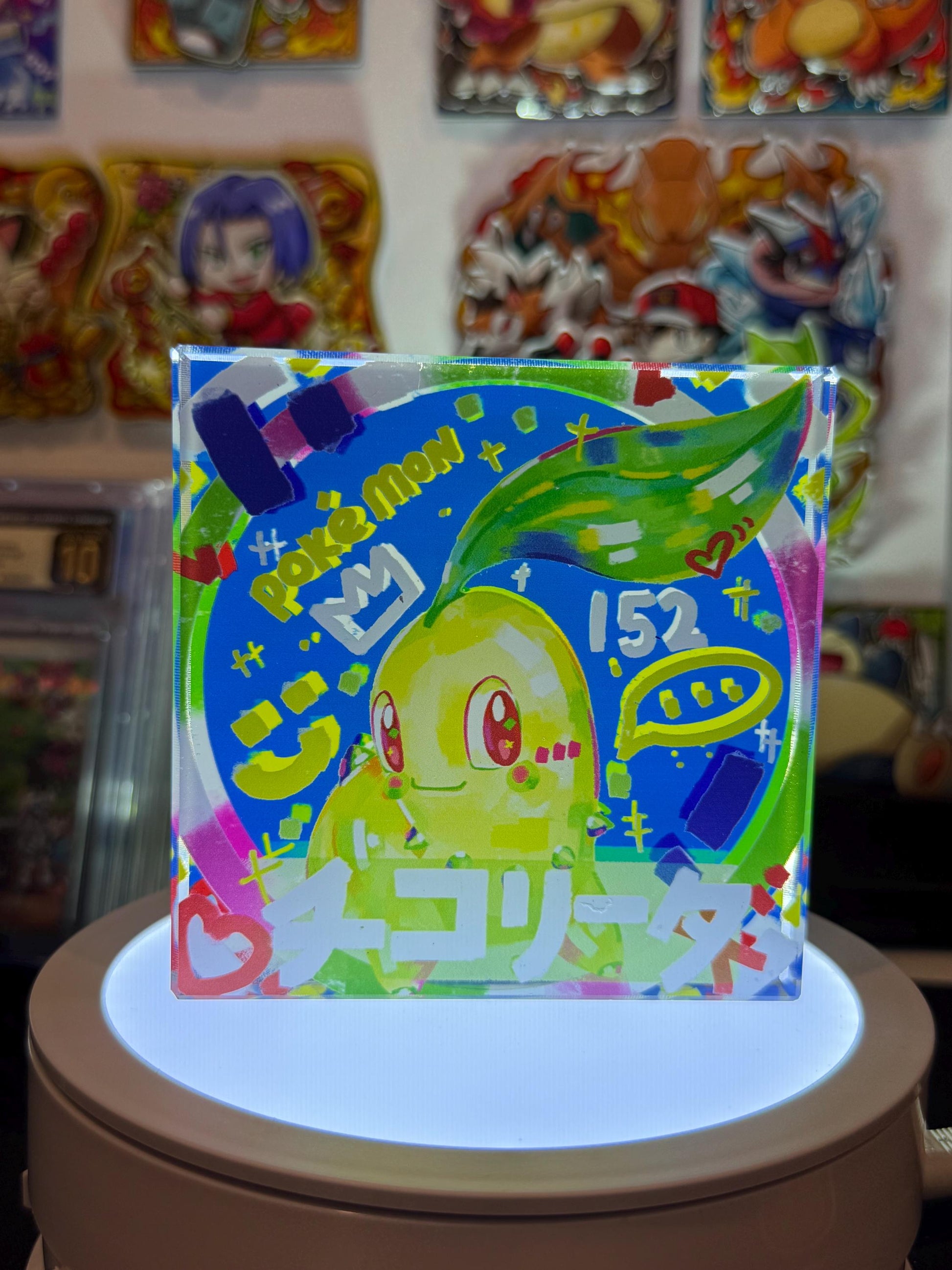 Chikorita CustomMade Pokemon Crystal Acrylic Block 10cmx10cmx1.5cm-Gift For him-Pokemon fan-Pokemon TCG PTCG-Pikachu Charizard Full Art