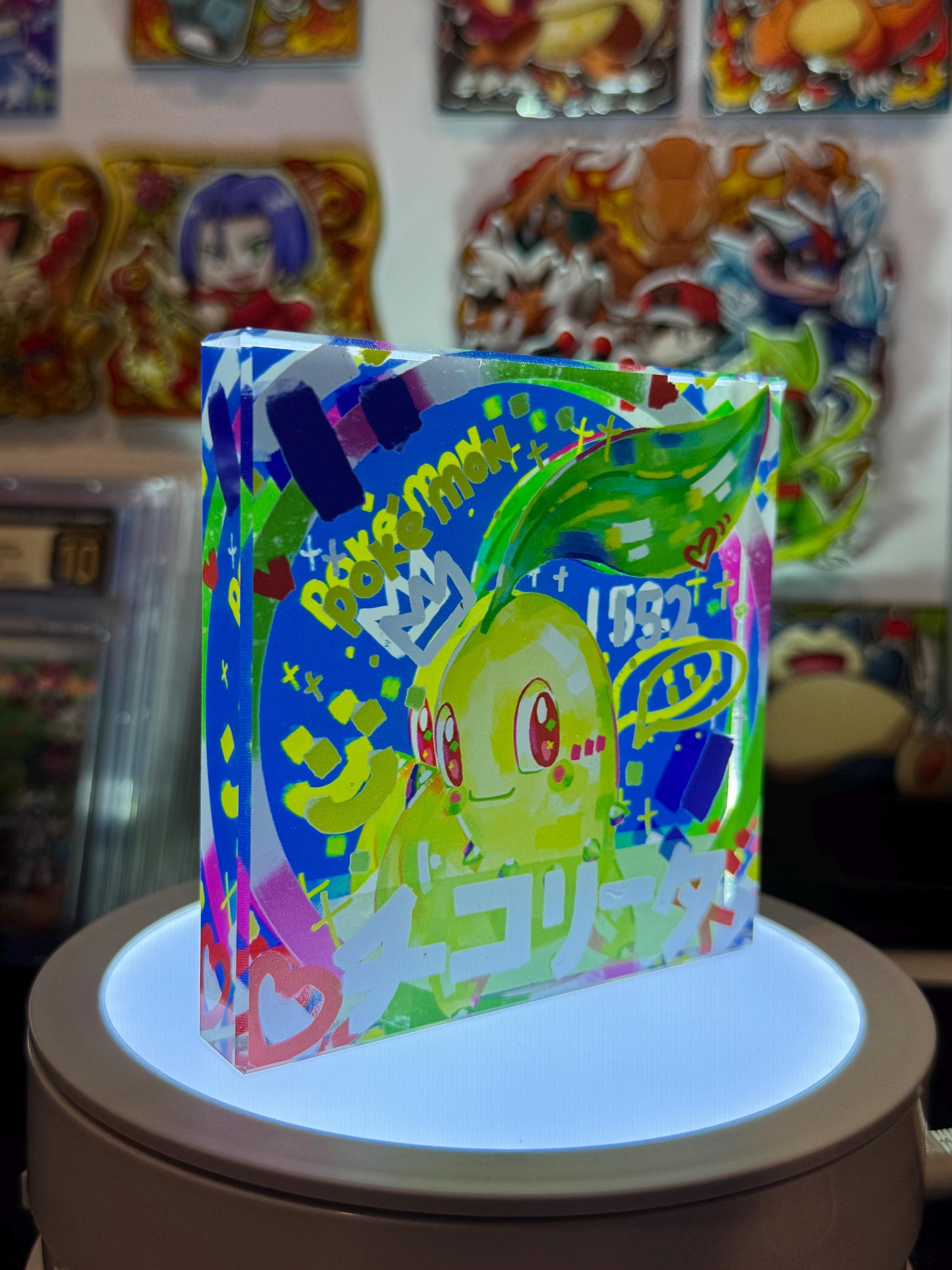 Chikorita CustomMade Pokemon Crystal Acrylic Block 10cmx10cmx1.5cm-Gift For him-Pokemon fan-Pokemon TCG PTCG-Pikachu Charizard Full Art