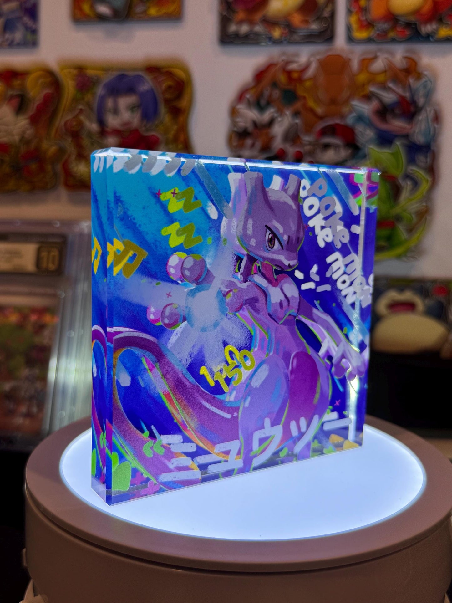 Mewtwo CustomMade Pokemon Crystal Acrylic Block 10cmx10cmx1.5cm-Gift For him-Pokemon fan-Pokemon TCG PTCG-Pikachu Charizard Full Art