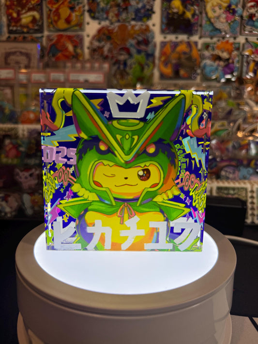 Poncho Pikachu CustomMade Pokemon Crystal Acrylic Block 10x10x1.5cm-Gift For him-Pokemon fan-Pokemon TCG PTCG-Pikachu Charizard Full Art