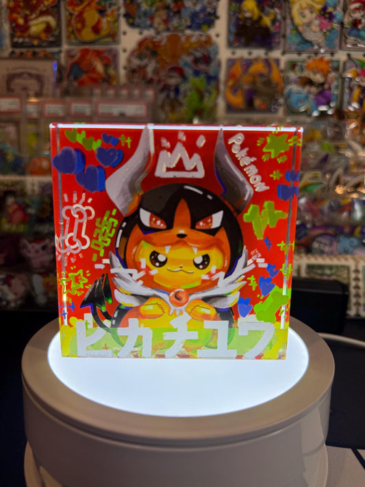 Poncho Pikachu CustomMade Pokemon Crystal Acrylic Block 10x10x1.5cm-Gift For him-Pokemon fan-Pokemon TCG PTCG-Pikachu Charizard Full Art